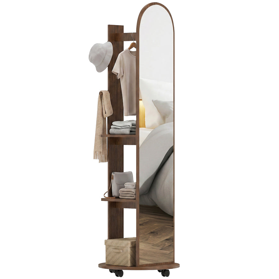 HOMCOM 2-in-1 Full Length Mirror with Storage Shelves, Floor Mirror with 4 Wheels, Coat Rack, Hooks, Brown Wood Effect