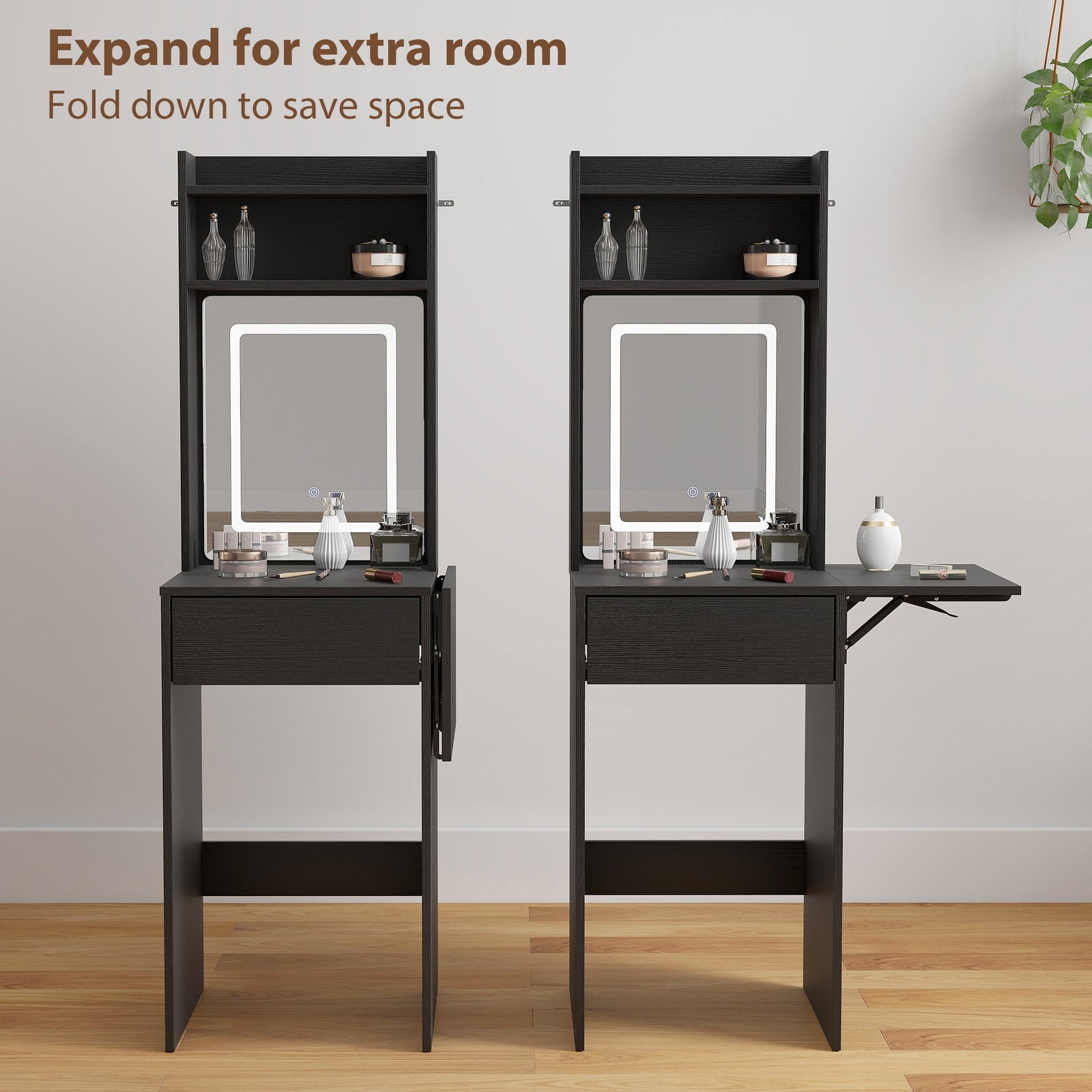HOMCOM Small Vanity Desk with Mirror and LED Lights, Compact Dressing Table with Drop Leaf, Open Shelves and Drawer, Black