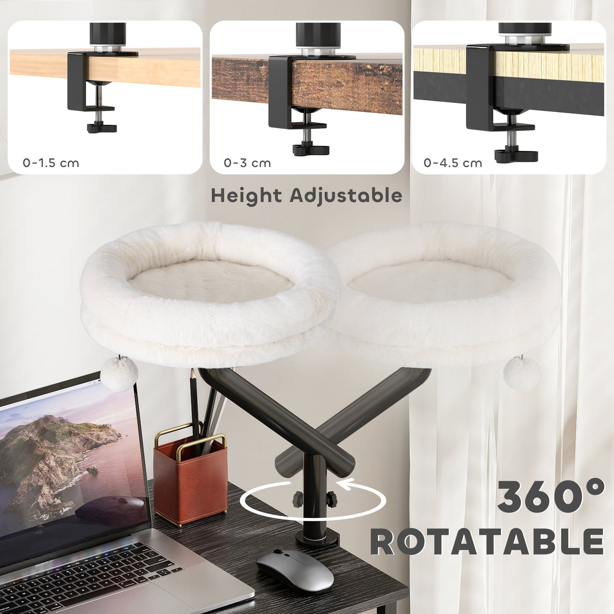 PawHut Cat Desk Bed, Cat Hammock 360° Rotatable Adjustable for Window, Table, Work, Cream White