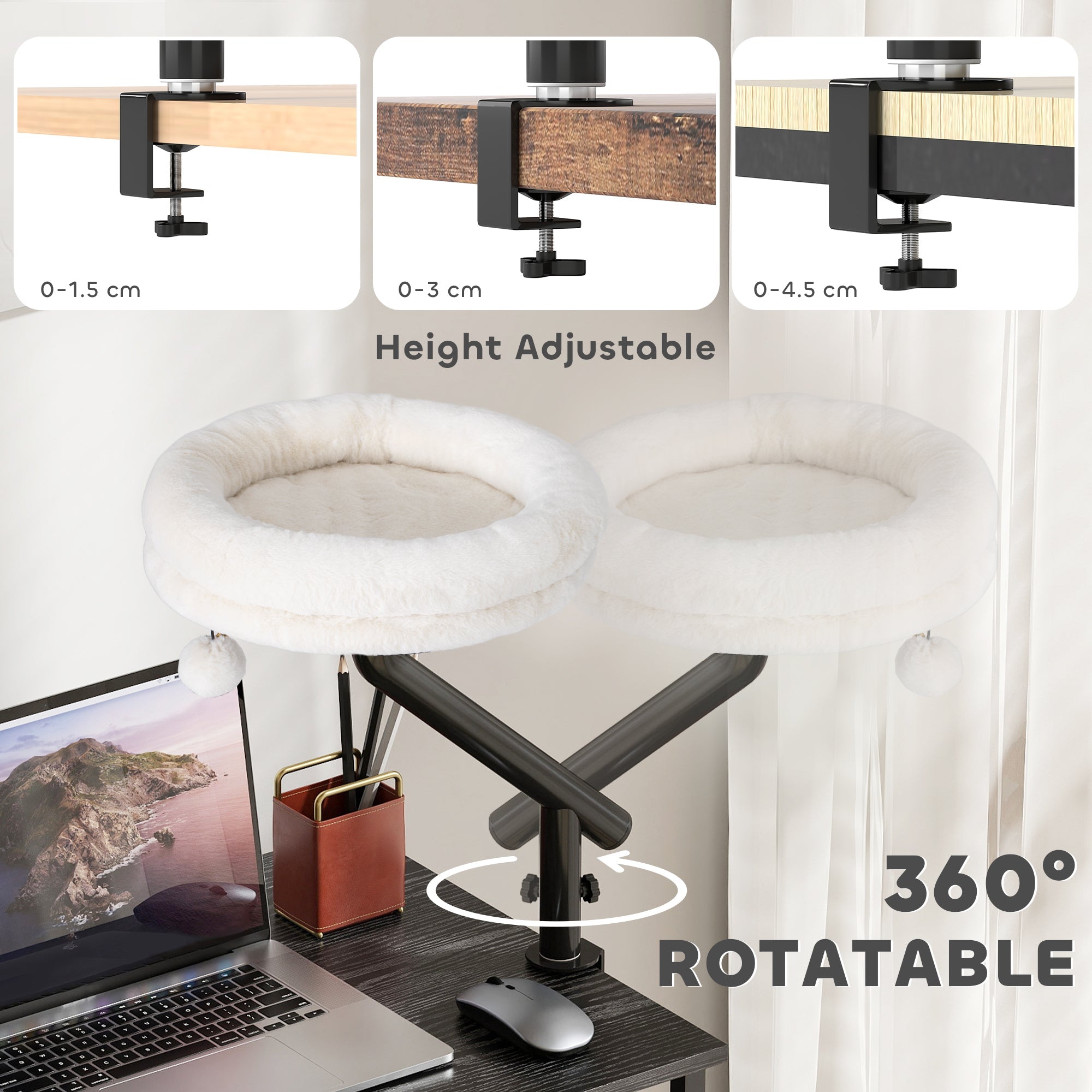 PawHut Cat Desk Bed, Cat Hammock 360Â° Rotatable Adjustable for Window, Table, Work, Cream White