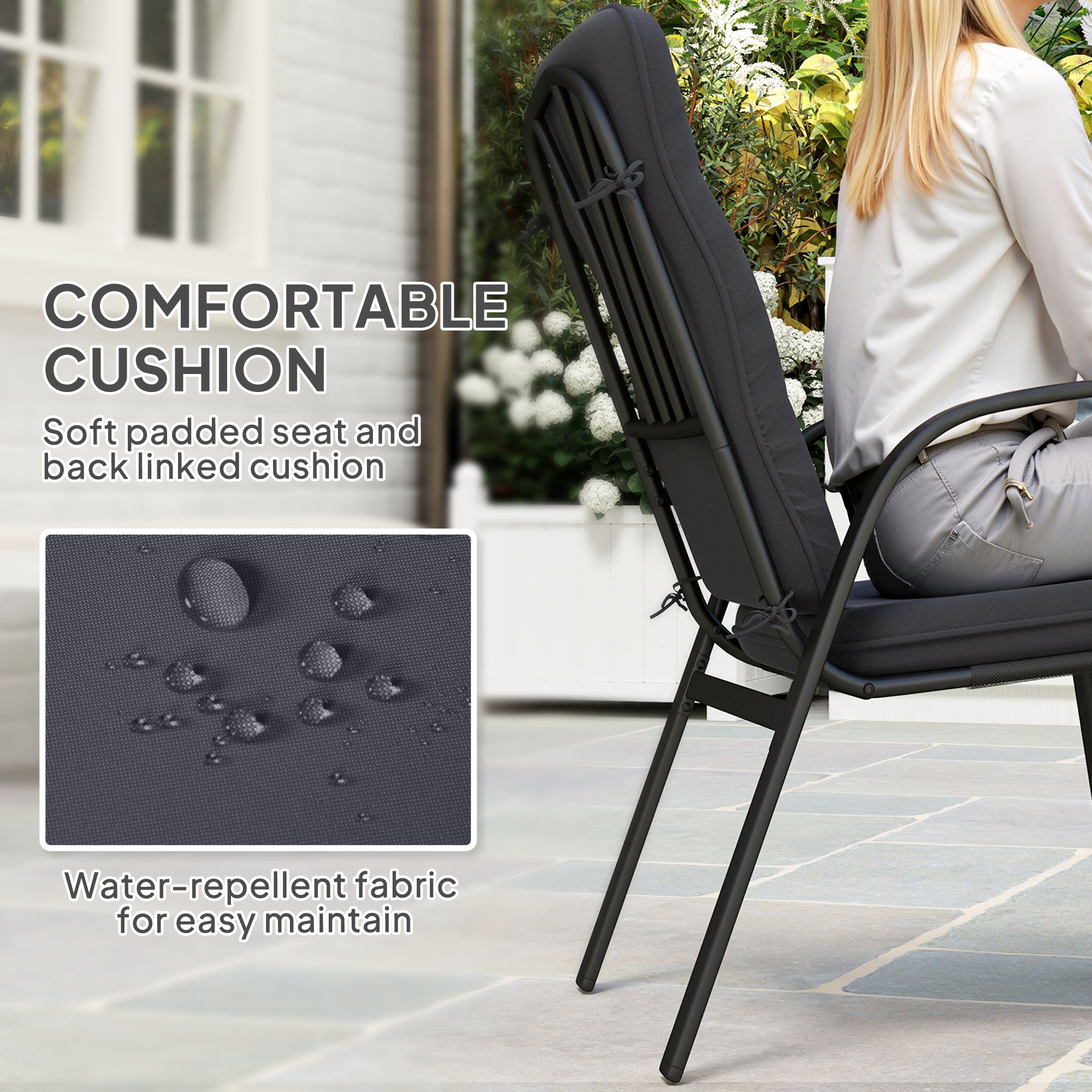 Outsunny 5 Pieces Outdoor Square Garden Dining Set w/ Tempered Glass Dining Table 4 Cushioned Armchairs, Umbrella Hole, Black