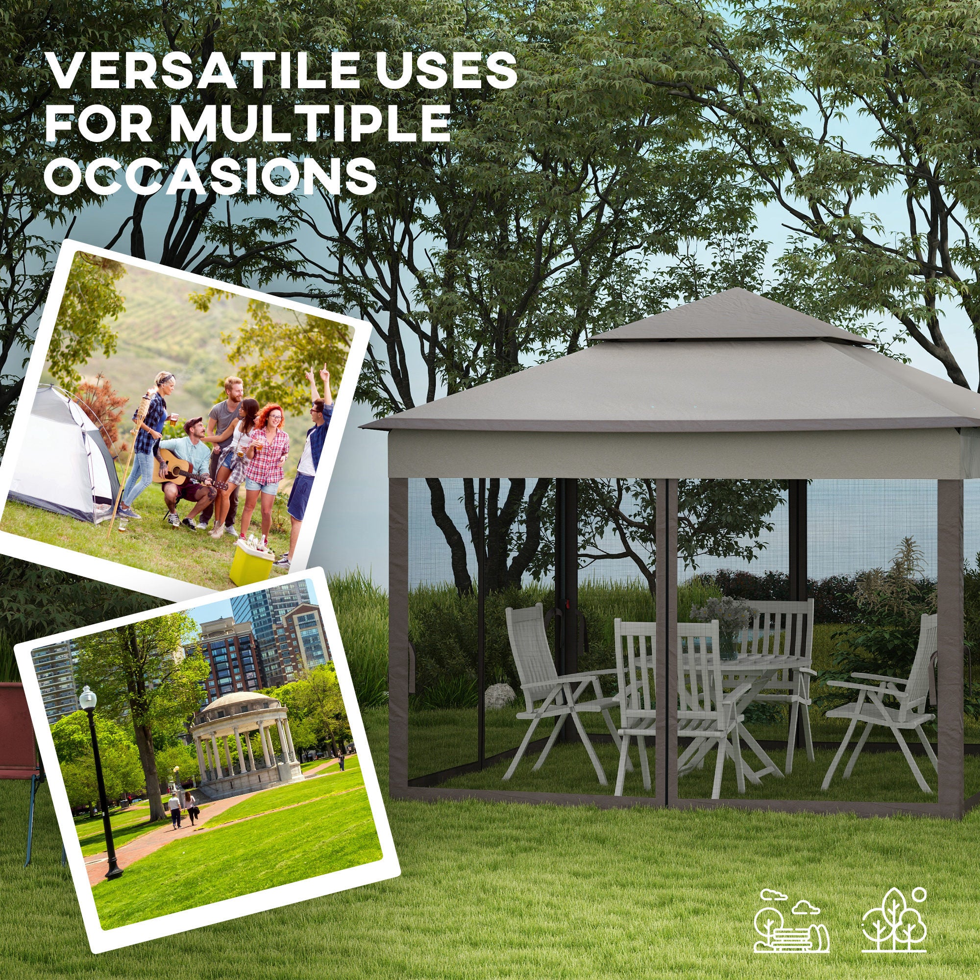 Outsunny 3.25 x 3.25m Pop Up Gazebo, Double-roof Garden Tent with Netting and Carry Bag, Party Event Shelter for Outdoor Patio, Brown and Grey