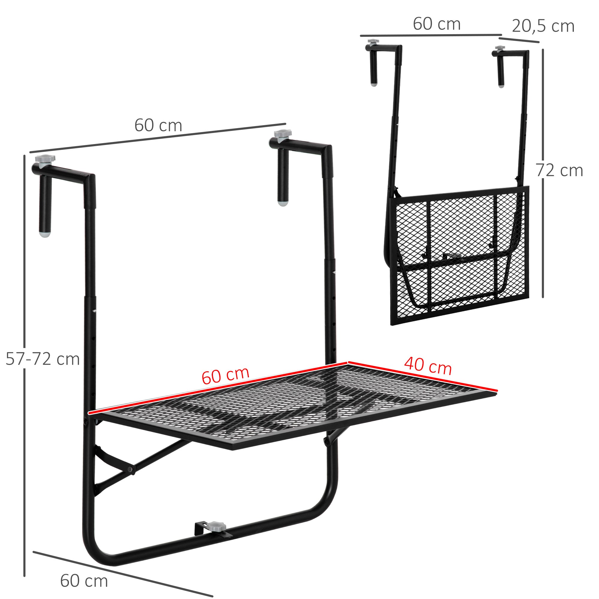 Outsunny Balcony Hanging Table, Metal Wall Mount Desk, Adjustable Folding Balcony Deck Table for Patio and Garden, Black