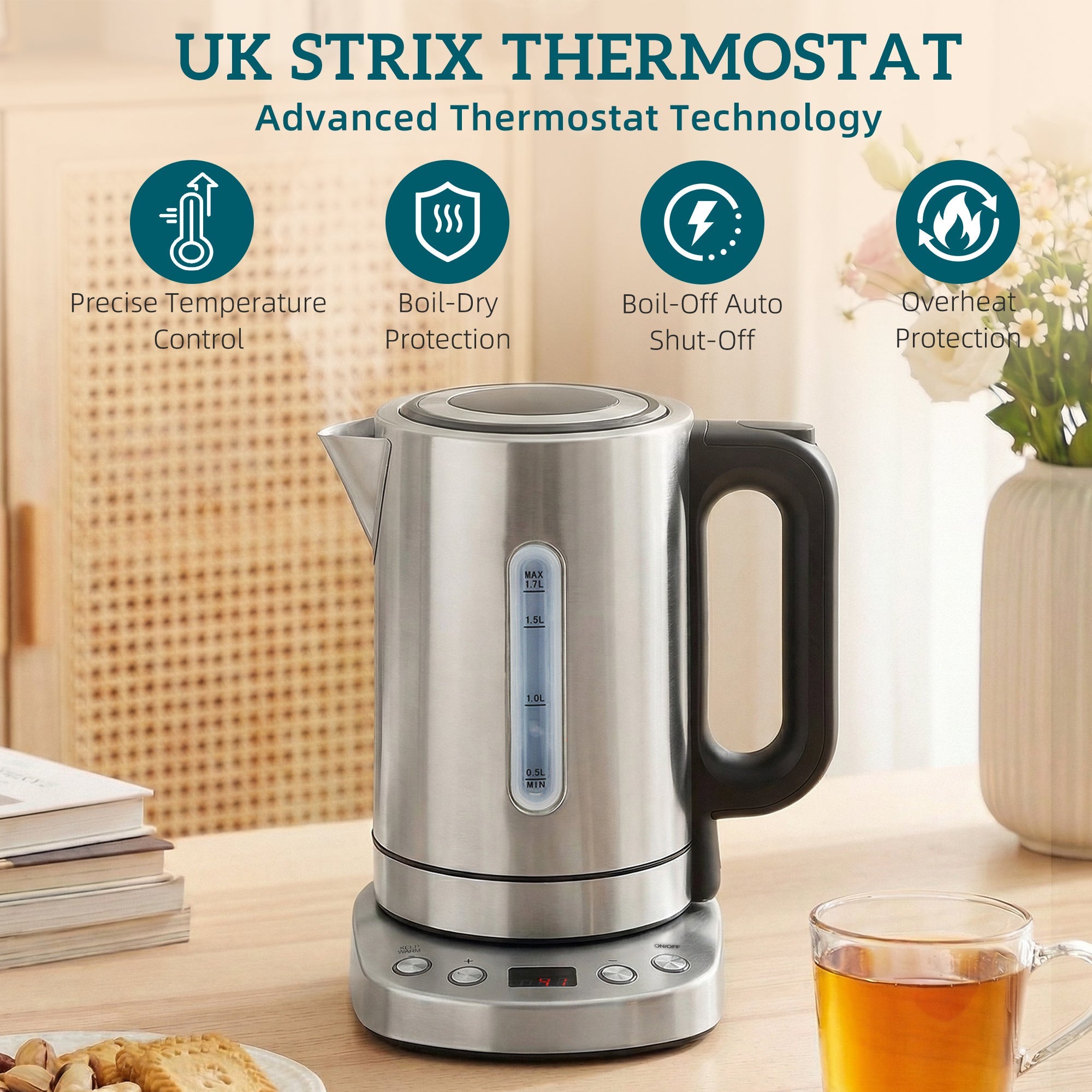 HOMCOM Electric Kettle, 1.7L, Fast Boil, 3kW Water Kettle with UK Strix Thermostat, Keep Warm Function, LCD Base, Silver Tone