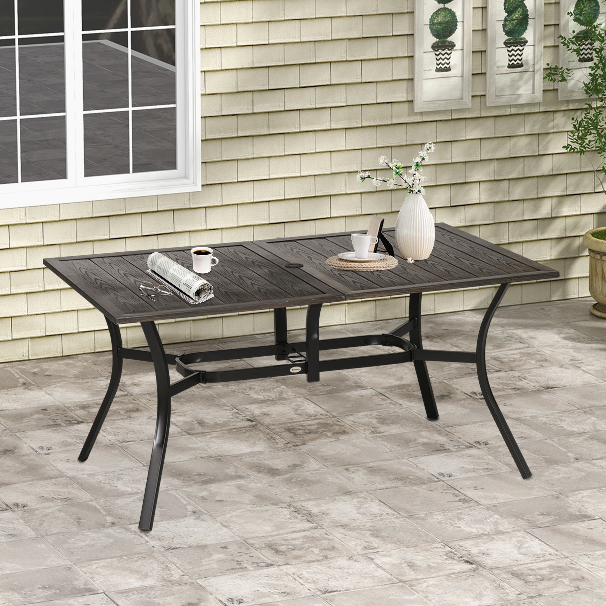 Outsunny Six-Seater Steel Garden Table, with √¢≈í‚Ç¨41mm Parasol Hole - Wood-Effect