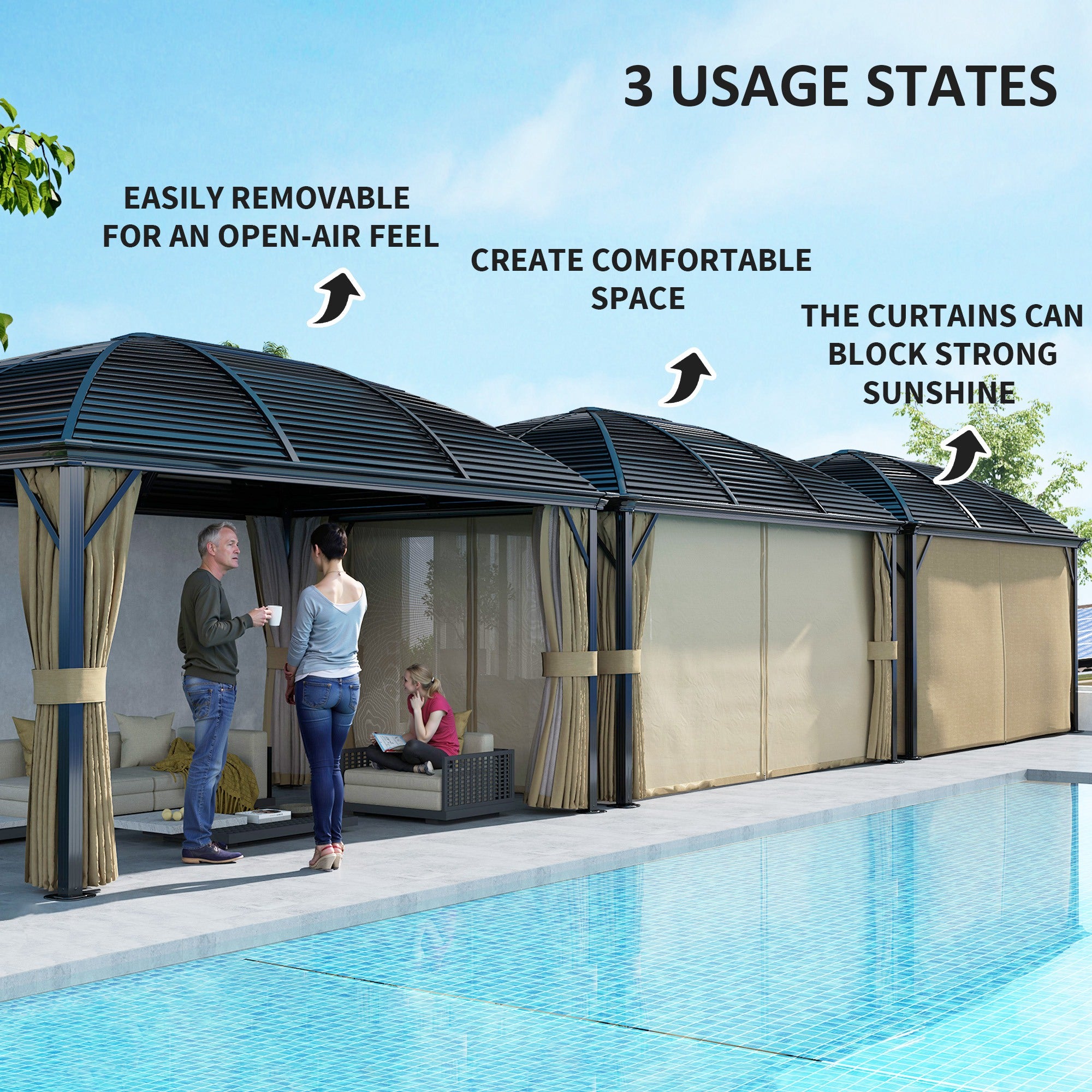 Outsunny 3 x 4m Hardtop Gazebo Canopy with Metal Roof, Aluminium Gazebo Permanent Pavilion with Netting and Curtains, Brown