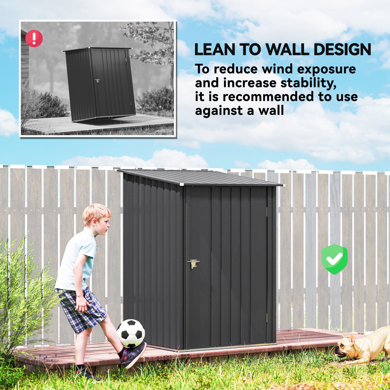Outsunny 3.3 x 3.4ft Lean To Steel Garden Shed, with Locking Door - Dark Grey