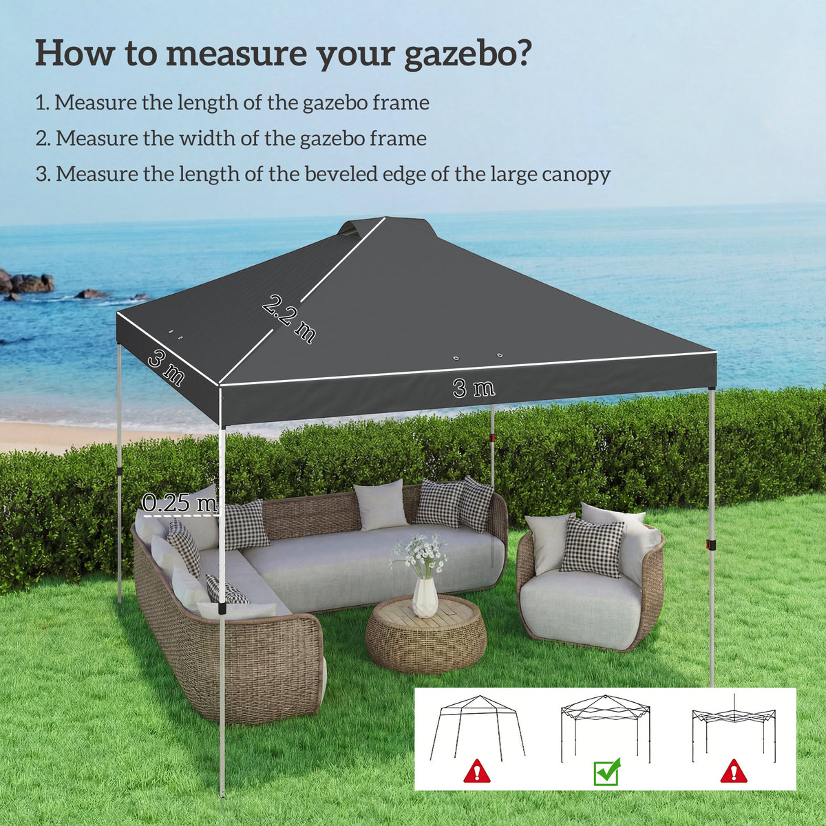Outsunny Gazebo Roof Replacement UV50+ Waterproof Pop Up Canopy Cover with 8 Drainage Holes 3 x 3 m Dark Grey