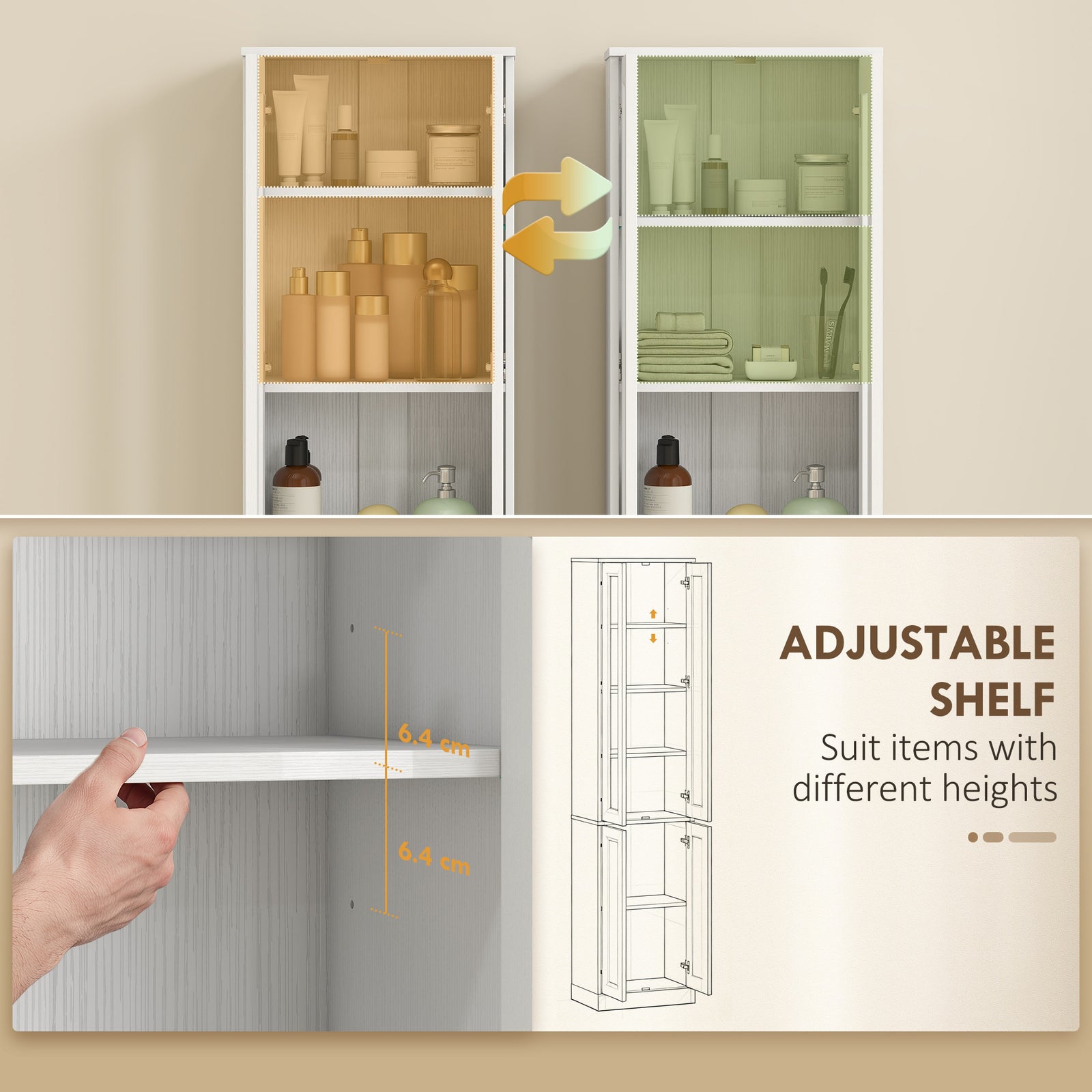 HOMCOM Tall Bathroom Storage Cabinet, 6-Tier Slim Bathroom Cabinet with Adjustable Shelf, 4 Soft-Close Doors, White