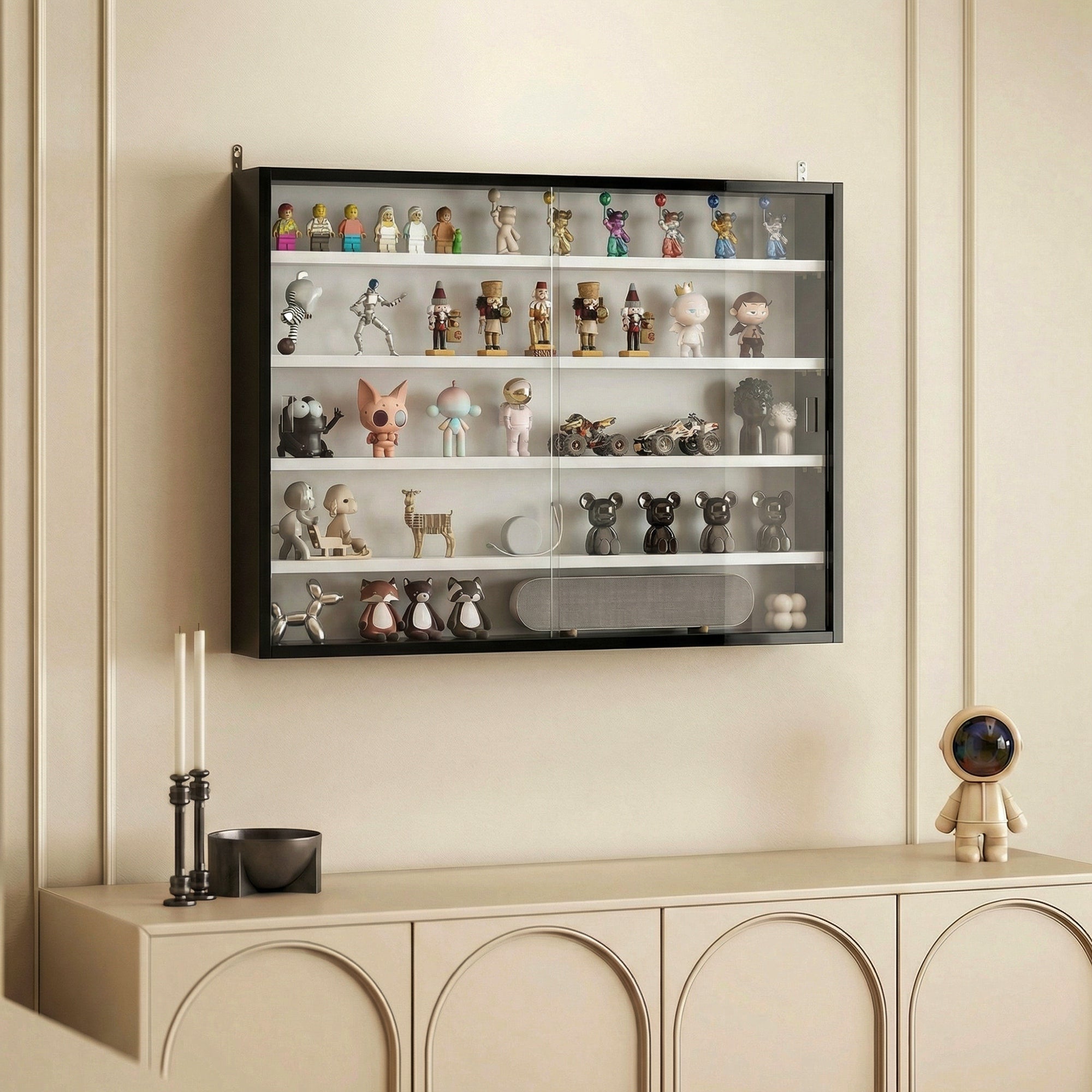 HOMCOM 5-Tier Wall Display Cabinet,  Wall Mounted Display Case w/ 4 Adjustable Shelves, Glass Doors, 60x80cm, Black and White