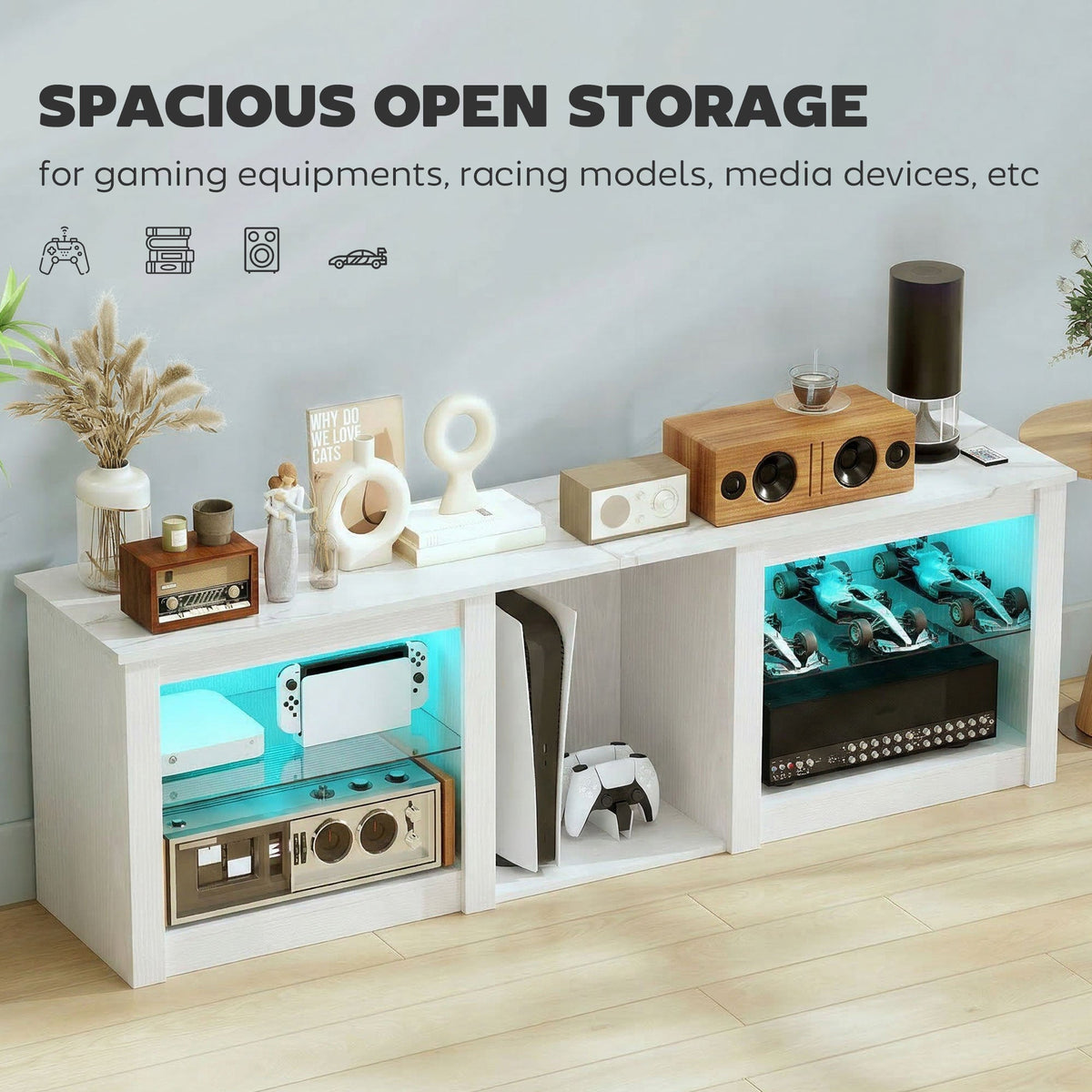 HOMCOM 70" TV Stand, with LED Lights and Storage - White