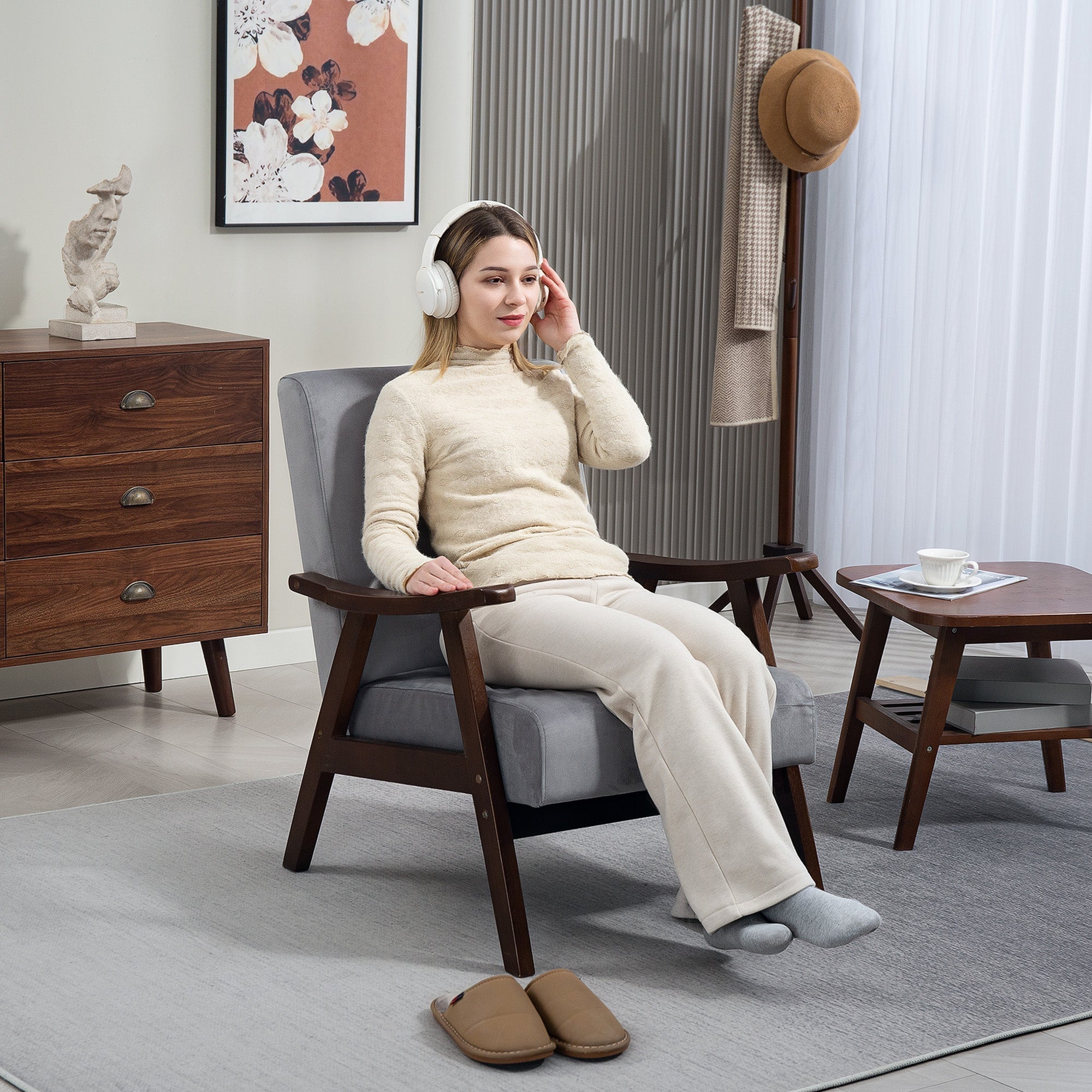 HOMCOM Nordic Accent Chair, Upholstered Velvet Armchair with Solid Wood Frame and Soft Thick Padded for Living Room, Bedroom, Grey