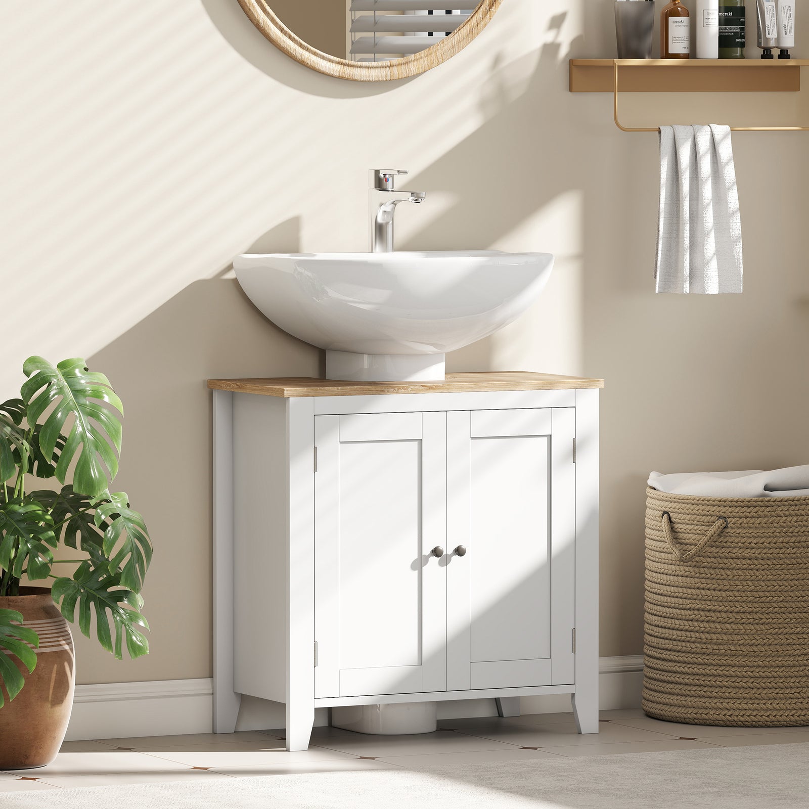 kleankin Under Sink Cabinet, Bathroom Sink Cabinet with 2 Doors, Pedestal Under Sink Design, Freestanding Bathroom Cupboard with Adjustable Shelf, White