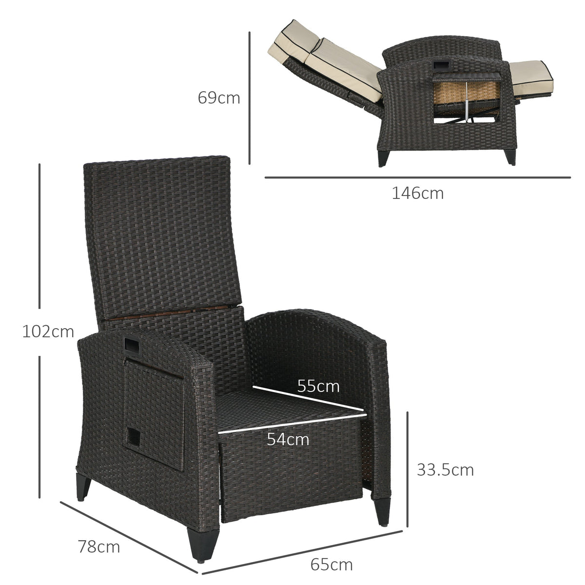 Outsunny Outdoor Recliner Chair with Adjustable Backrest and Footrest, Cushion, Side Tray, Khaki/Brown