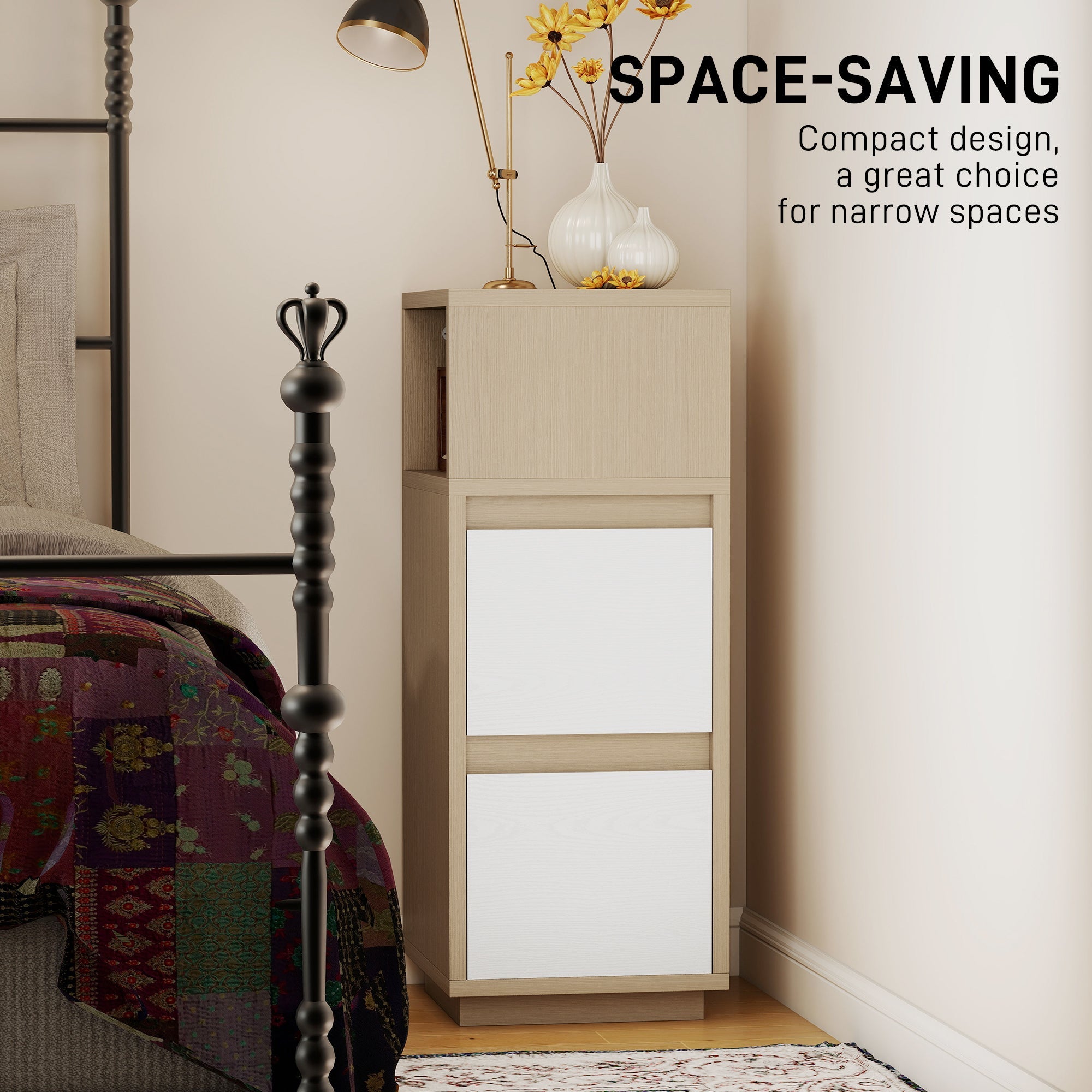 HOMCOM Slim Bedside Table, Narrow Bedside Cabinet with Open Shelf and 2 Drawers for Bedroom, Living Room, Natural Wood Finish