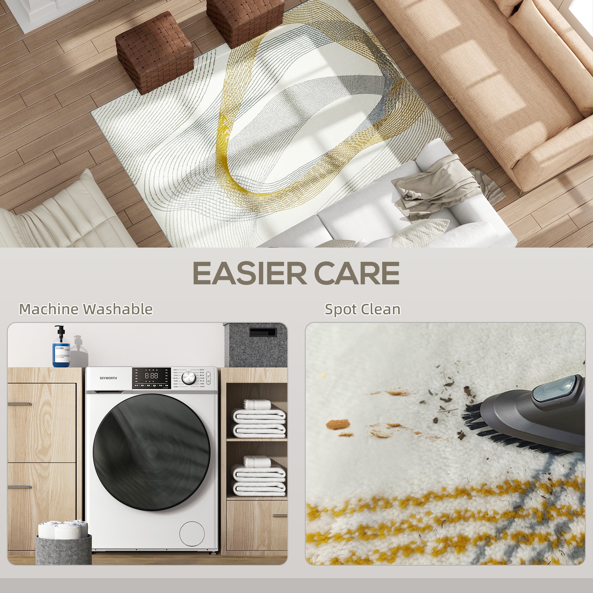 HOMCOM Modern Area Rug, Machine Washable Rug, Allergy-Friendly Floor Carpet for Living Room, Bedroom, Dining Room, Home Office, 170 x 120 cm, Cream White