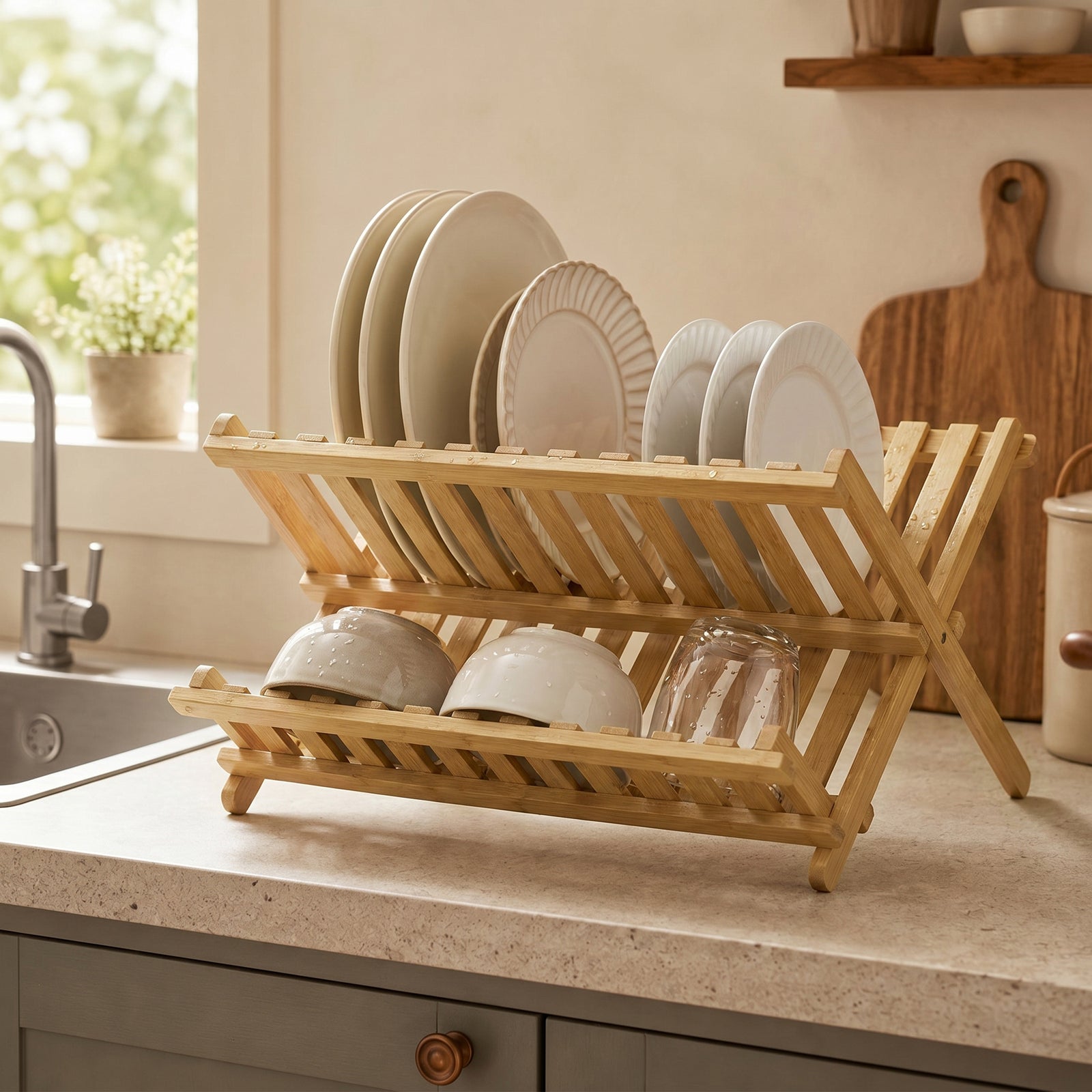 HOMCOM Kitchen Storage Unit, 2-Tier Foldable Kitchen Storage Rack with Slatted Draining Shelves, Natural Wood Finish