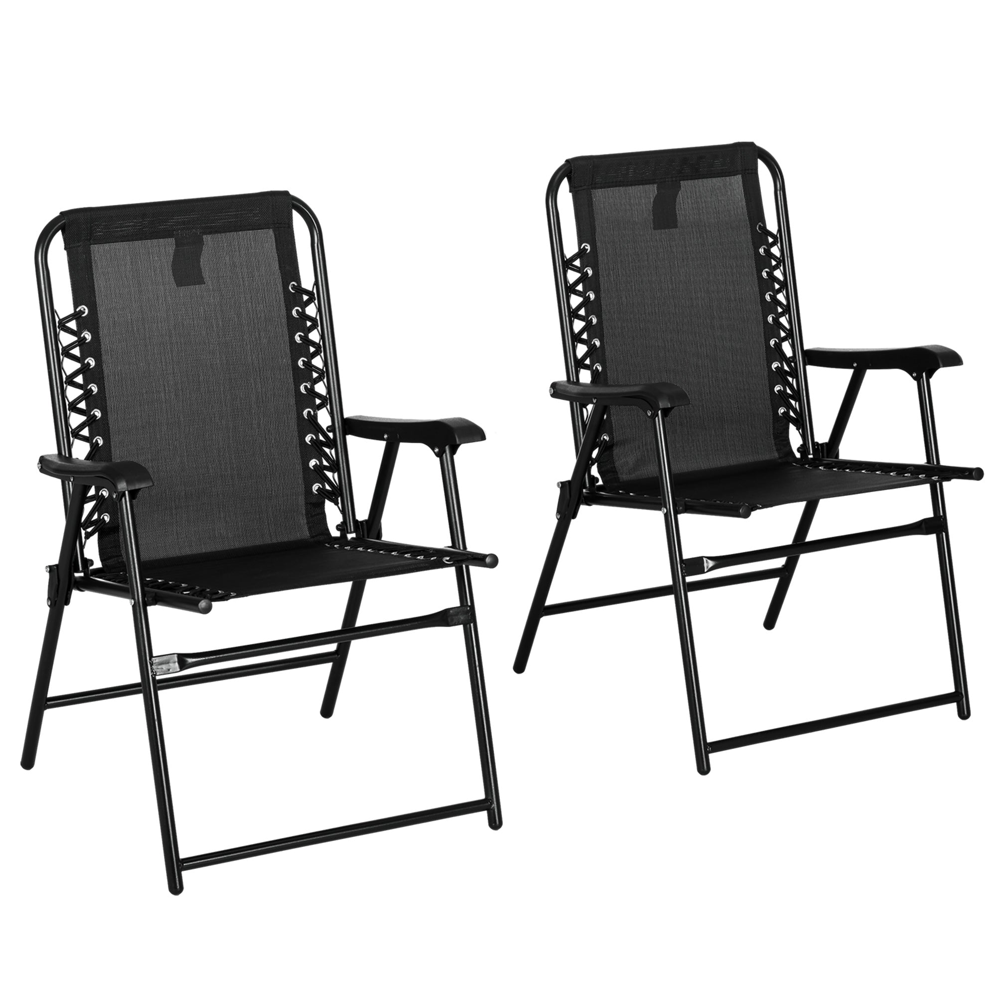 Outsunny 2 Pcs Patio Folding Chair Set, Outdoor Portable Loungers for Camping Pool Beach Deck, Lawn w/ Armrest Steel Frame Black