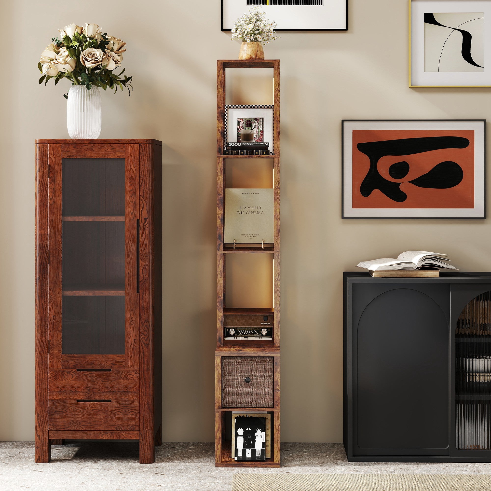 HOMCOM Floor Lamp with Shelves, LED Column Modern Standing Lamp with Fabric Drawer, Adjustable Brightness, Foot Switch for Living Room, Bedroom, Office, Rustic Brown