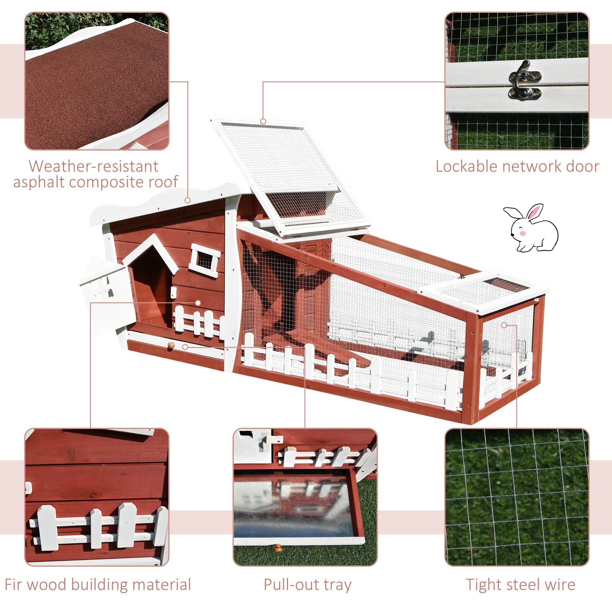 PawHut Rabbits Outdoor Fir Wood Guinea Pigs Hutches w/ Ramp Wine-Brown