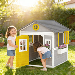 Outsunny Wooden Playhouse with Doors, Windows, Plant Pots, Boxes, for 3-8 Years - Grey