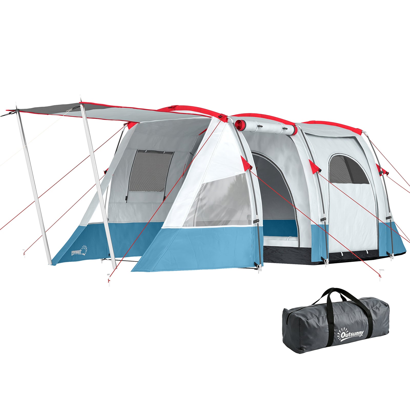 Outsunny 3 Person Tunnel Tent, Large Camping Tent with Bedroom, Living Room, Sewn-in Floor, 3 Doors, Carry Bag, 2000mm for Fishing, Hiking, Sports, Travelling, 510L x 240W x 180H cm, Blue