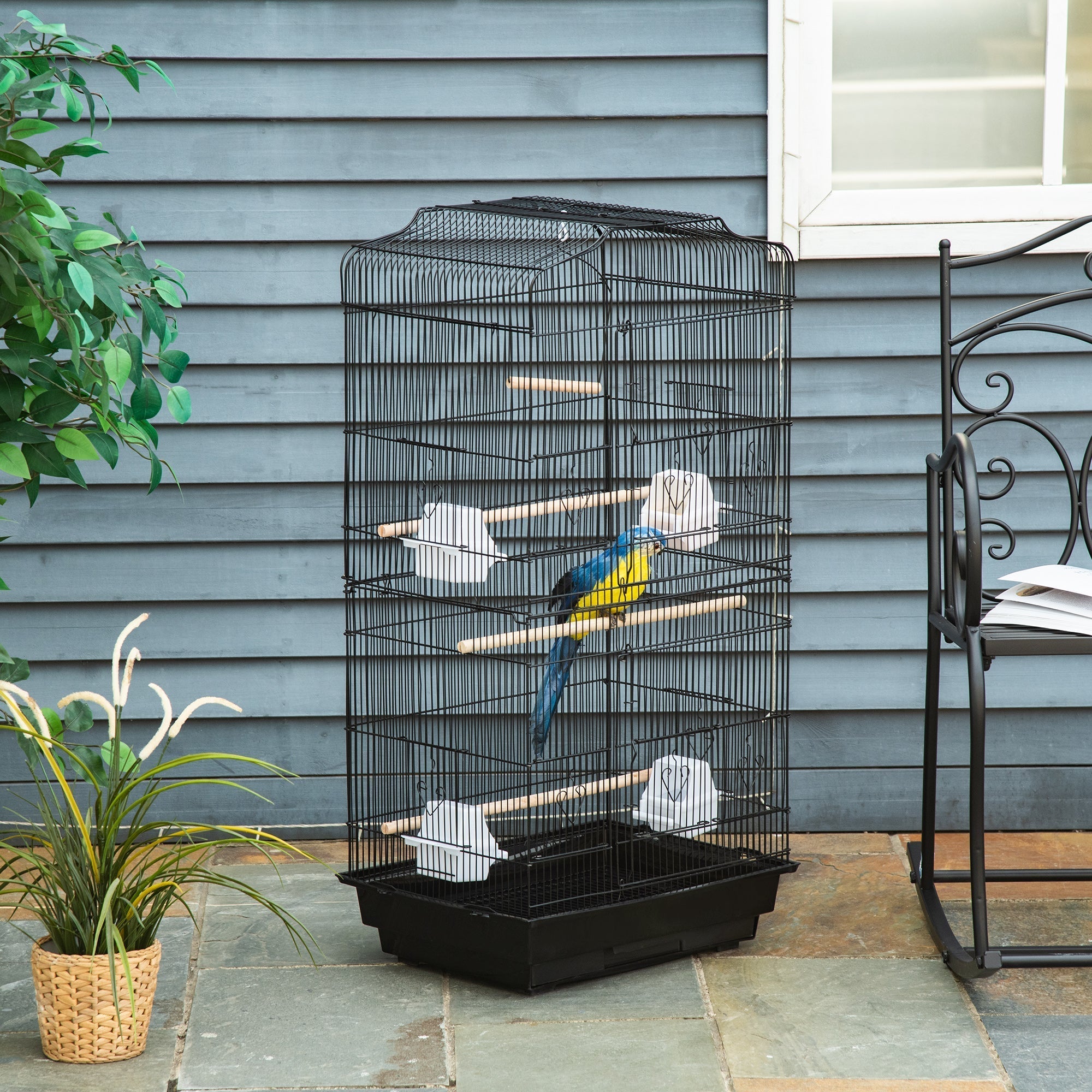 PawHut Large Metal Bird Cage with Stand, Perches, Food Bowls, Swing, for Budgies, Parakeets, Black