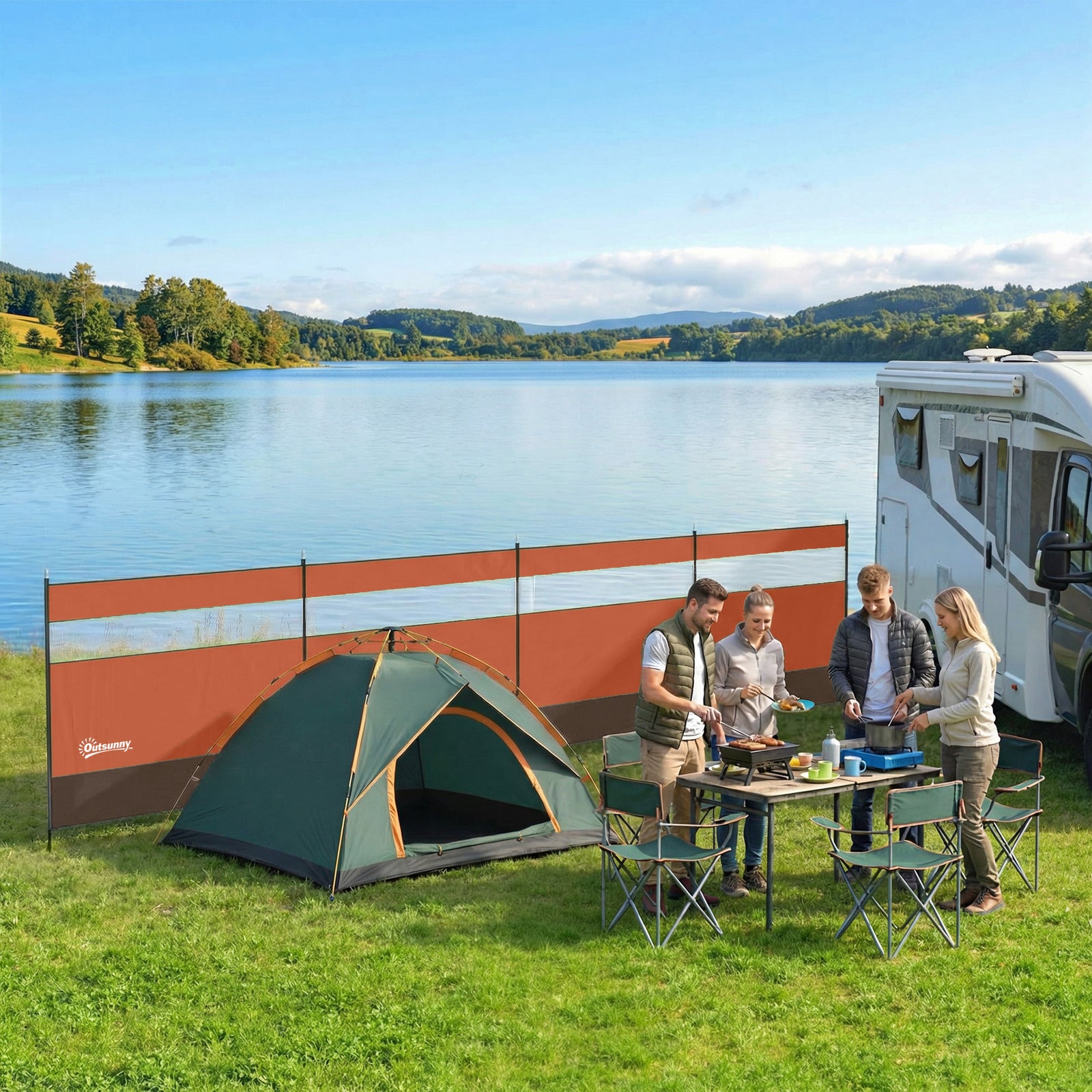 Outsunny Camping Windbreaker with Clear Windows, Carry Bag and Steel Poles, for Beach Caravan Campervan, 725 x 140cm, Orange