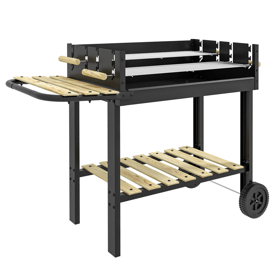 Outsunny Charcoal BBQ Grill, Barbecue Trolley with Double Adjustable Grill, Side Table, Storage Shelf and Wheels for Outdoor Garden Party Cooking, Black