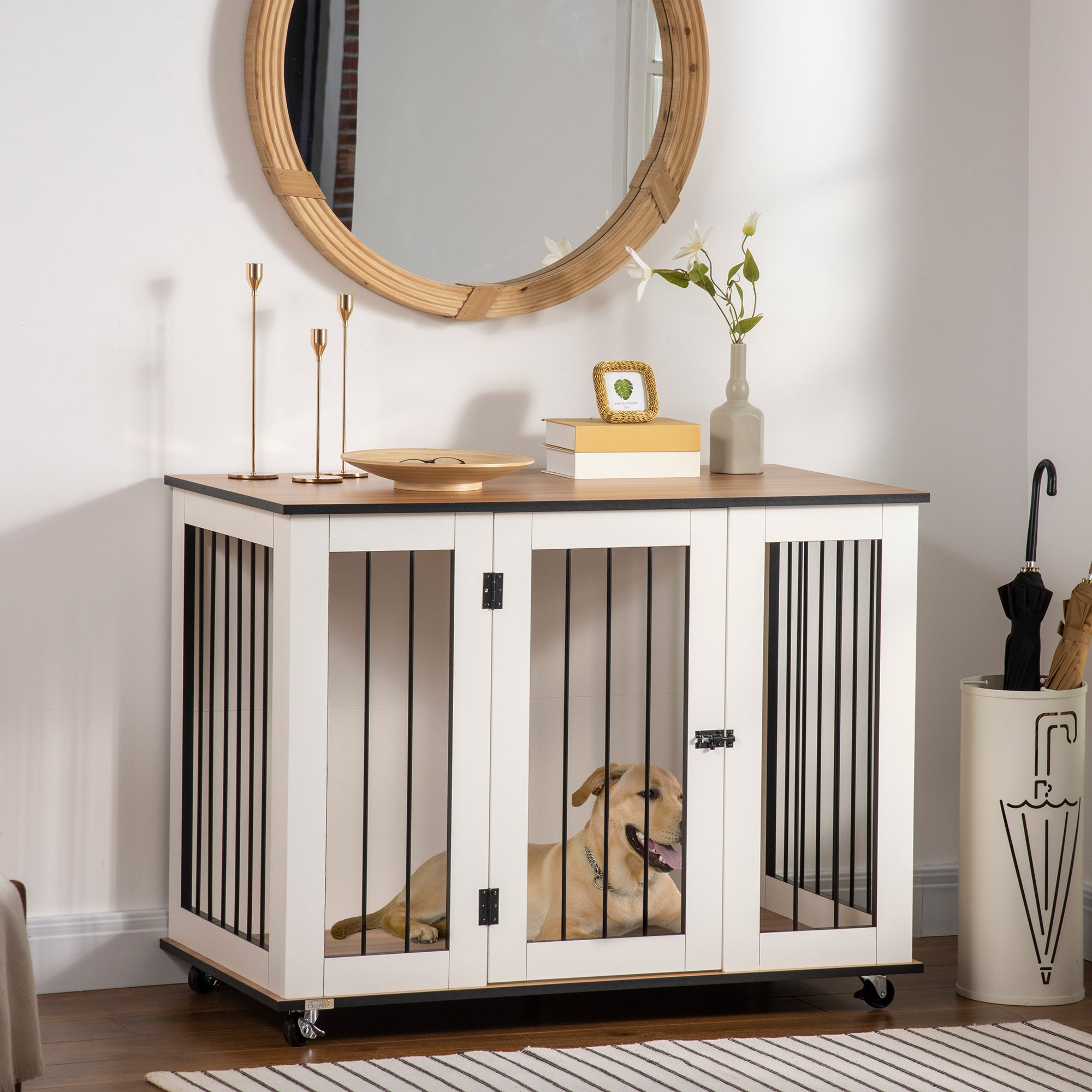 PawHut Dog Crate Furniture, Dog Cage End Table, with Wheels, for Large Dogs, 106 x 60 x 82 cm - White