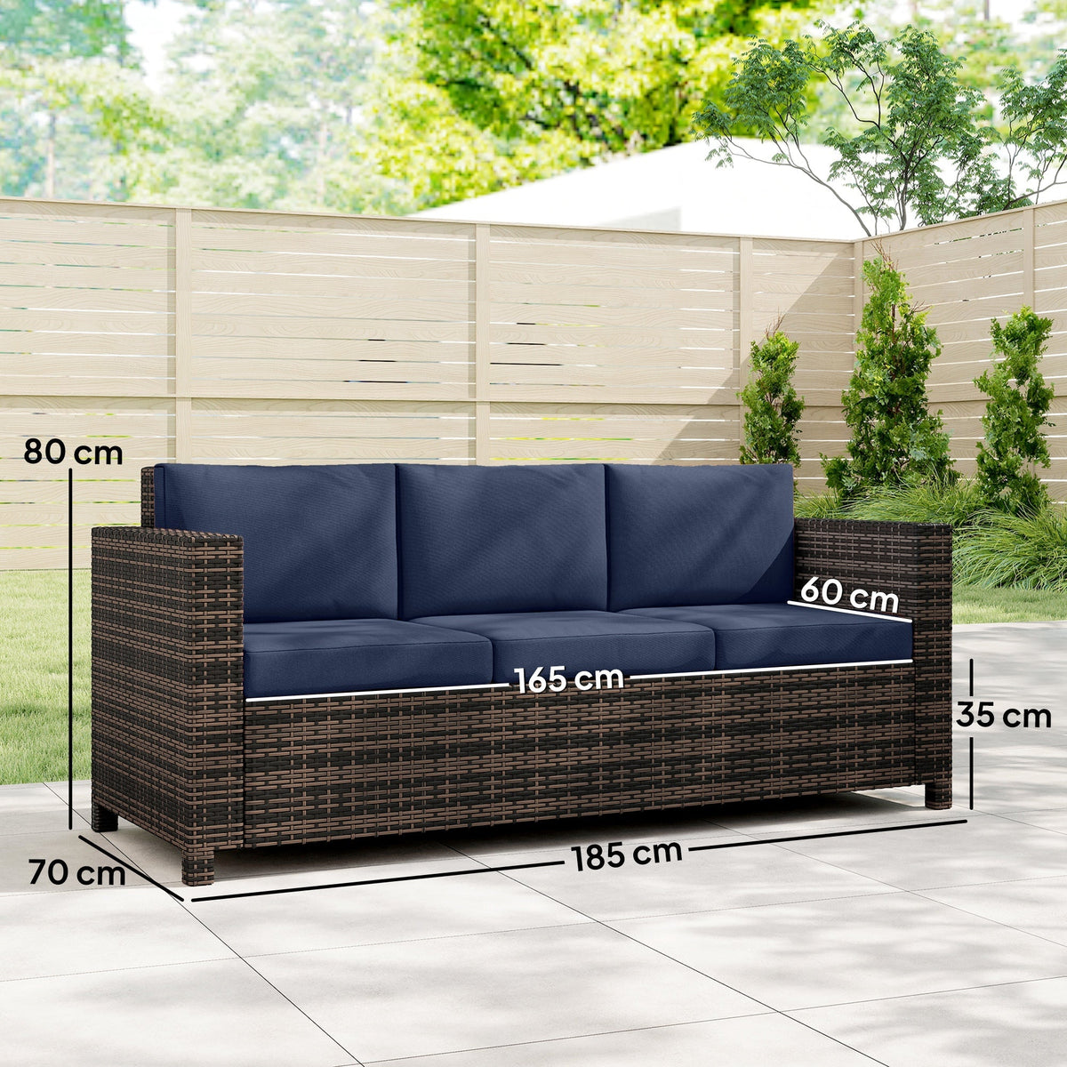 Outsunny 3 Seater Rattan Sofa All-Weather Wicker Weave Metal Frame Chair with Fire Resistant Cushio-Dark Blue