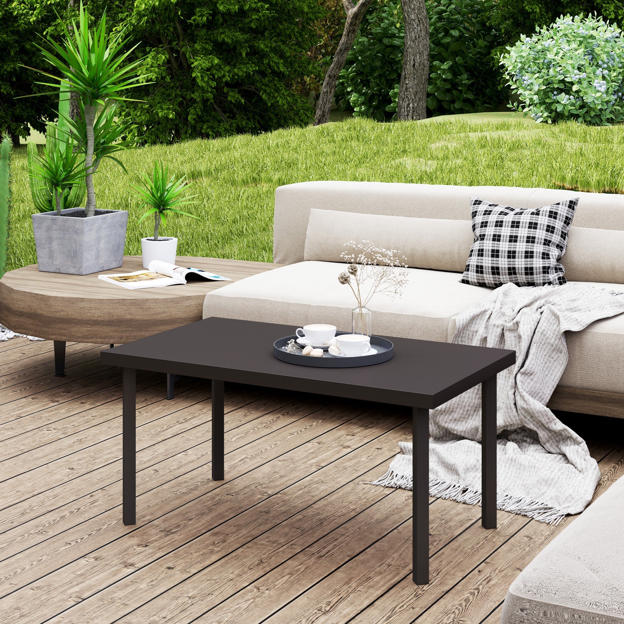 Outsunny Metal Garden Coffee Table, Rectangular Outdoor Side Table with Woodgrain Tabletop, Foot Pads for Outside, Garden, Balcony, Porch, 95 x 55 x 46cm, Brown