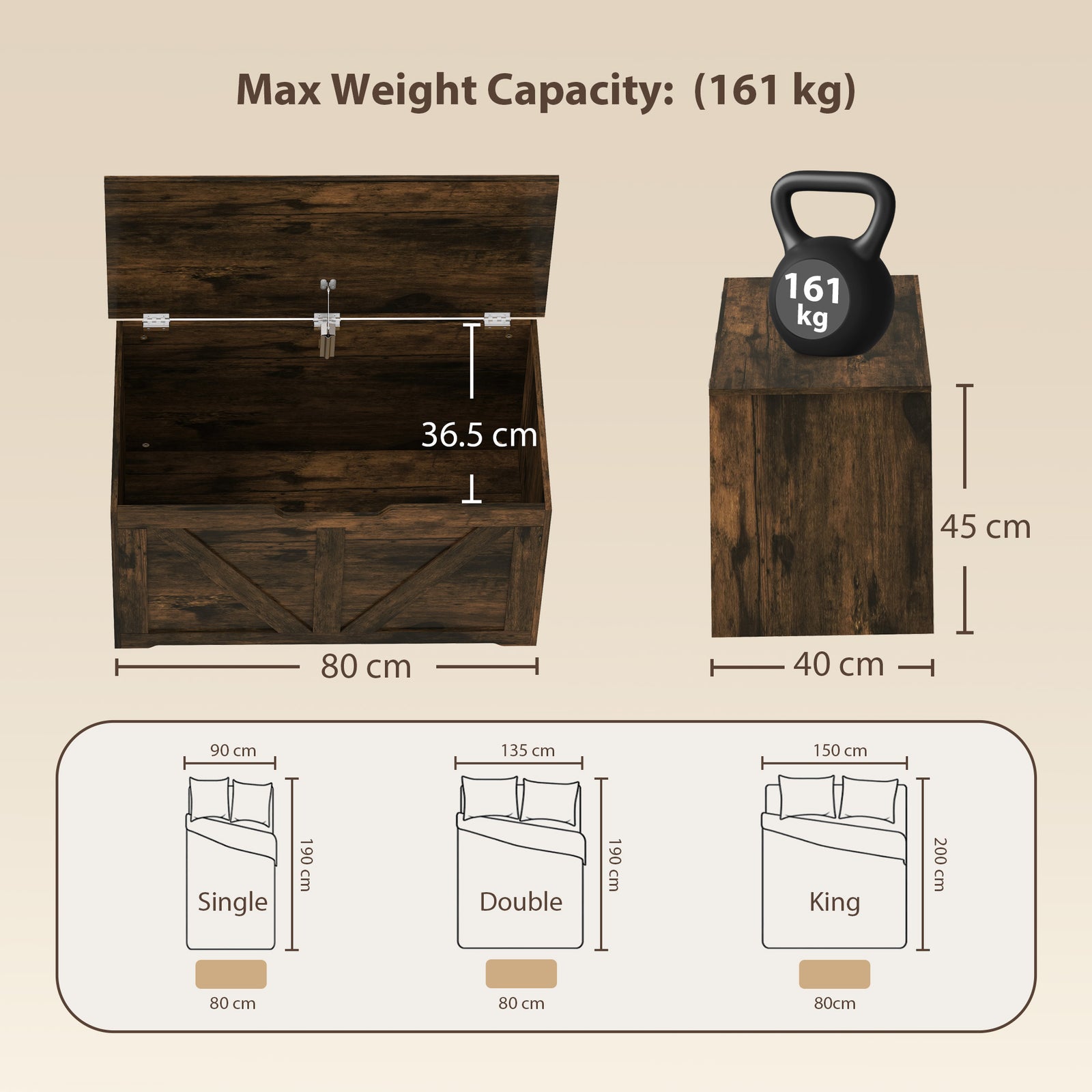 HOMCOM 100L Home Storage Box, with Safety Hinge - Rustic Brown Wood-Effect