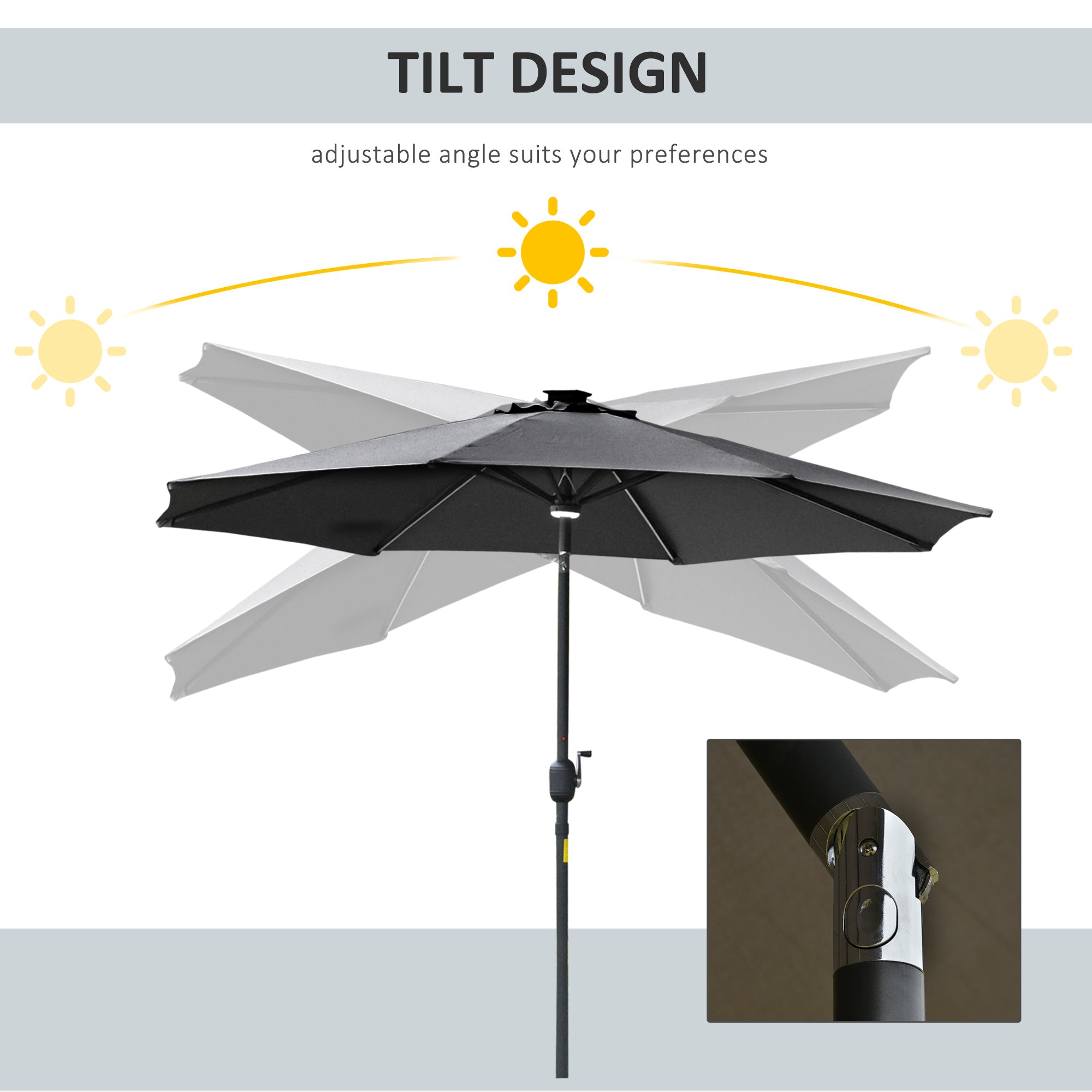 Outsunny 2.7m Garden Parasol Sun Umbrella w/ LED Solar Light Angled Canopy Grey