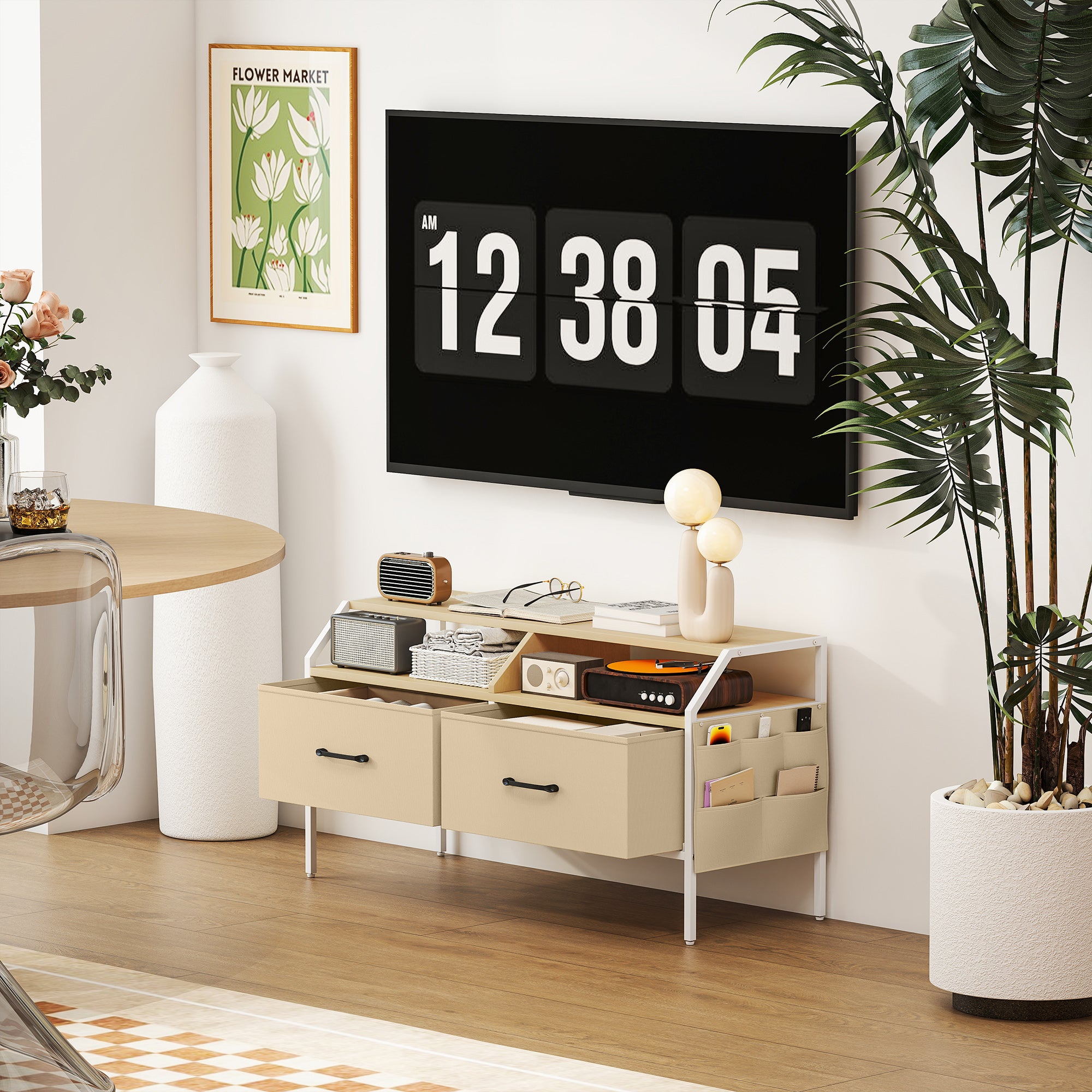 HOMCOM TV Stand Cabinet, TV Unit for 55-inch TVs with 2 Foldable Fabric Drawers, 5 Divided Side Pockets, Open Shelves, Console Table for Living Room, Bedroom, Entertainment Room, Natural Wood Finish