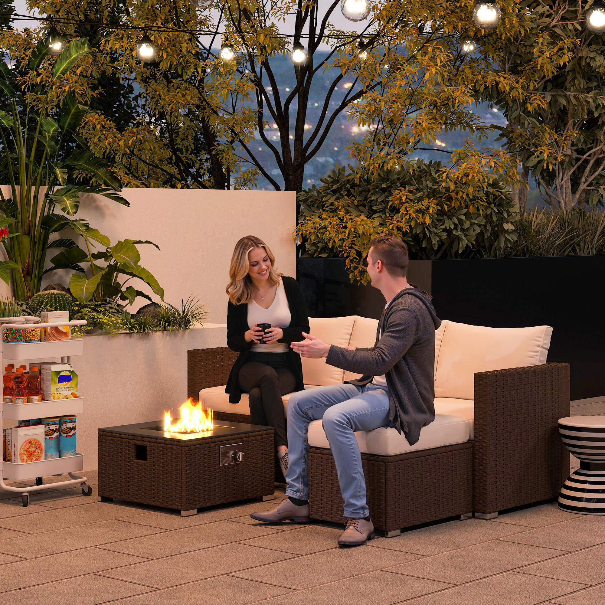 Outsunny Five Piece Rattan Garden Furniture Set with Gas Fire Pit Table and Footstool - Brown and Cream White