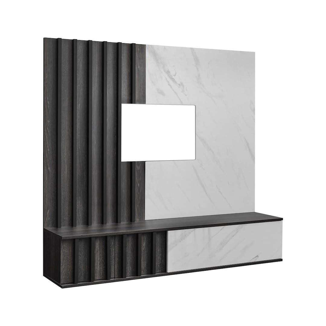 The entertainment unit features a dark wood slatted panel and a white marble effect cabinet section