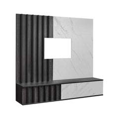 The entertainment unit features a dark wood slatted panel and a white marble effect cabinet section