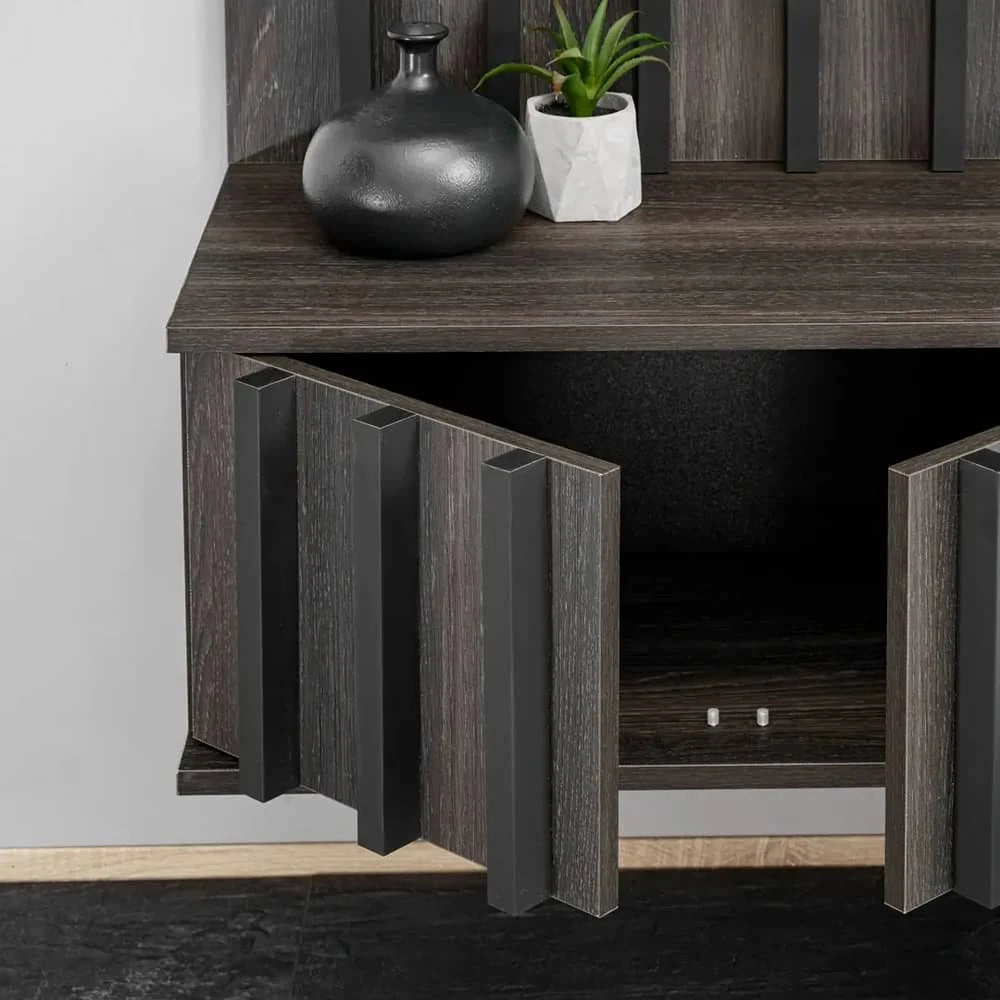 The entertainment unit has dark wood doors with vertical slats that open to reveal internal storage