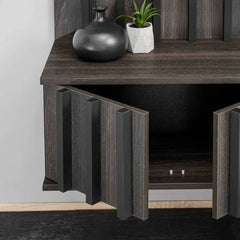 The entertainment unit has dark wood doors with vertical slats that open to reveal internal storage