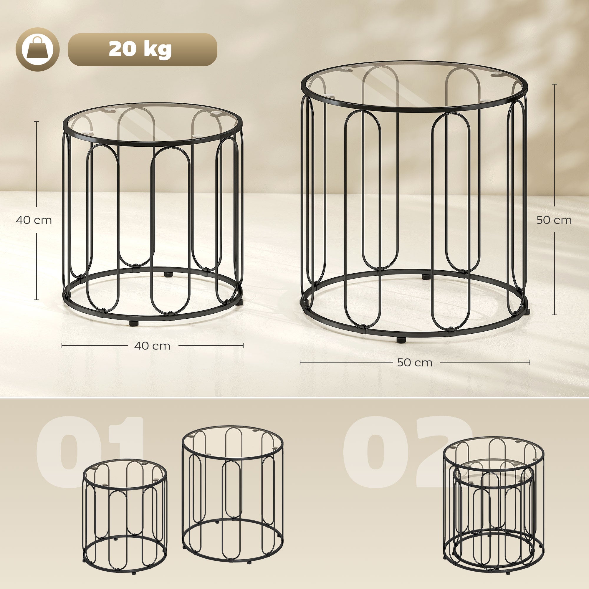 HOMCOM Elliptical Cut-Out Nesting Tables - Black