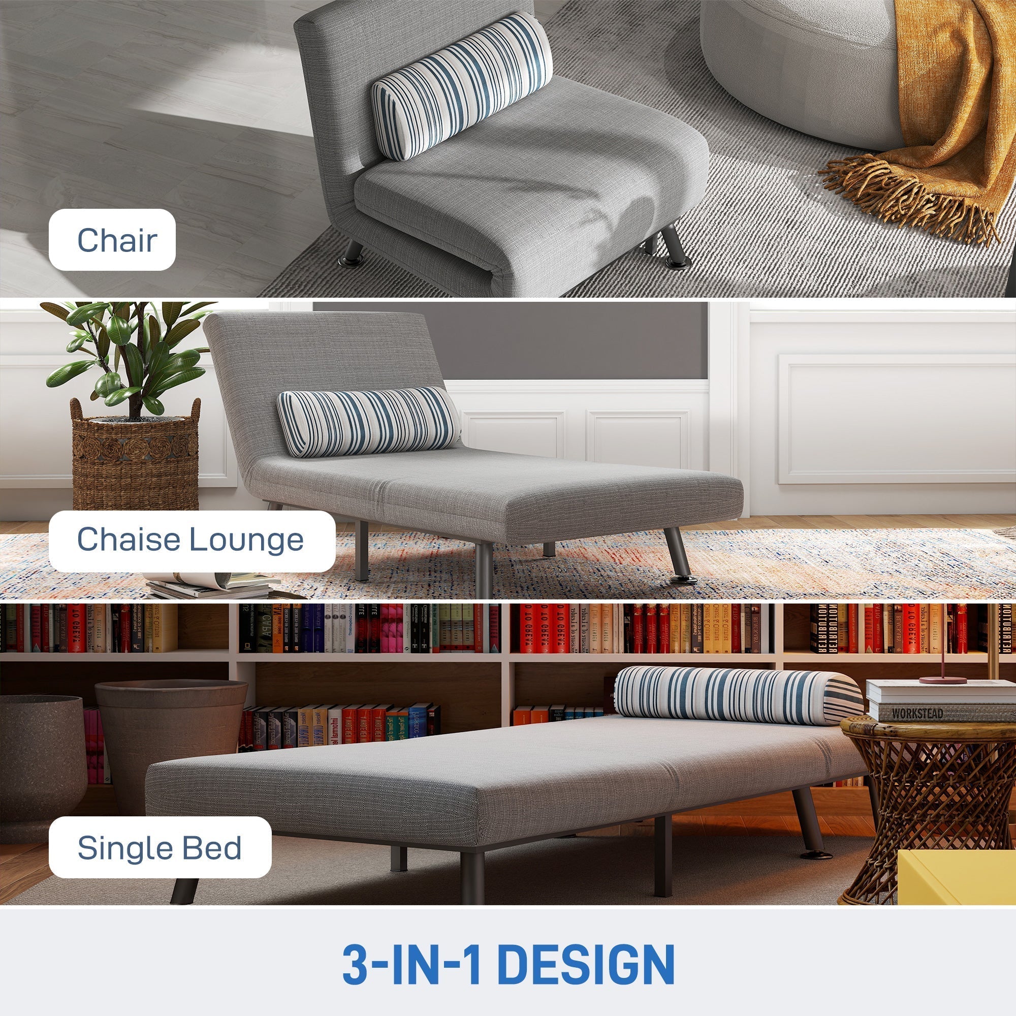 HOMCOM Single Sofa Bed, 1 Person Sleeper Foldable Lounge with Pillow, Grey