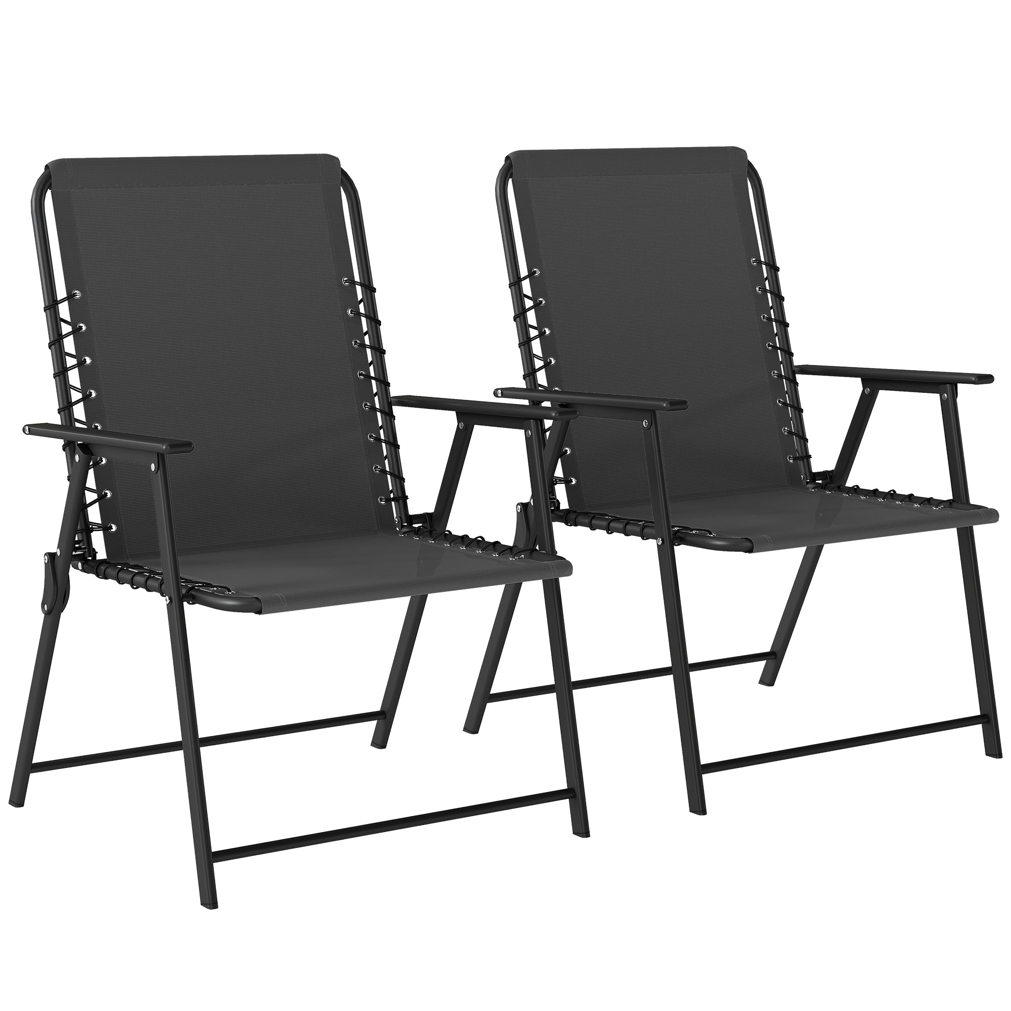 Outsunny Folding Garden Chairs Set of 2, Outdoor Dining Chairs with Wide Texteline Seat, High Back and Armrests, Black