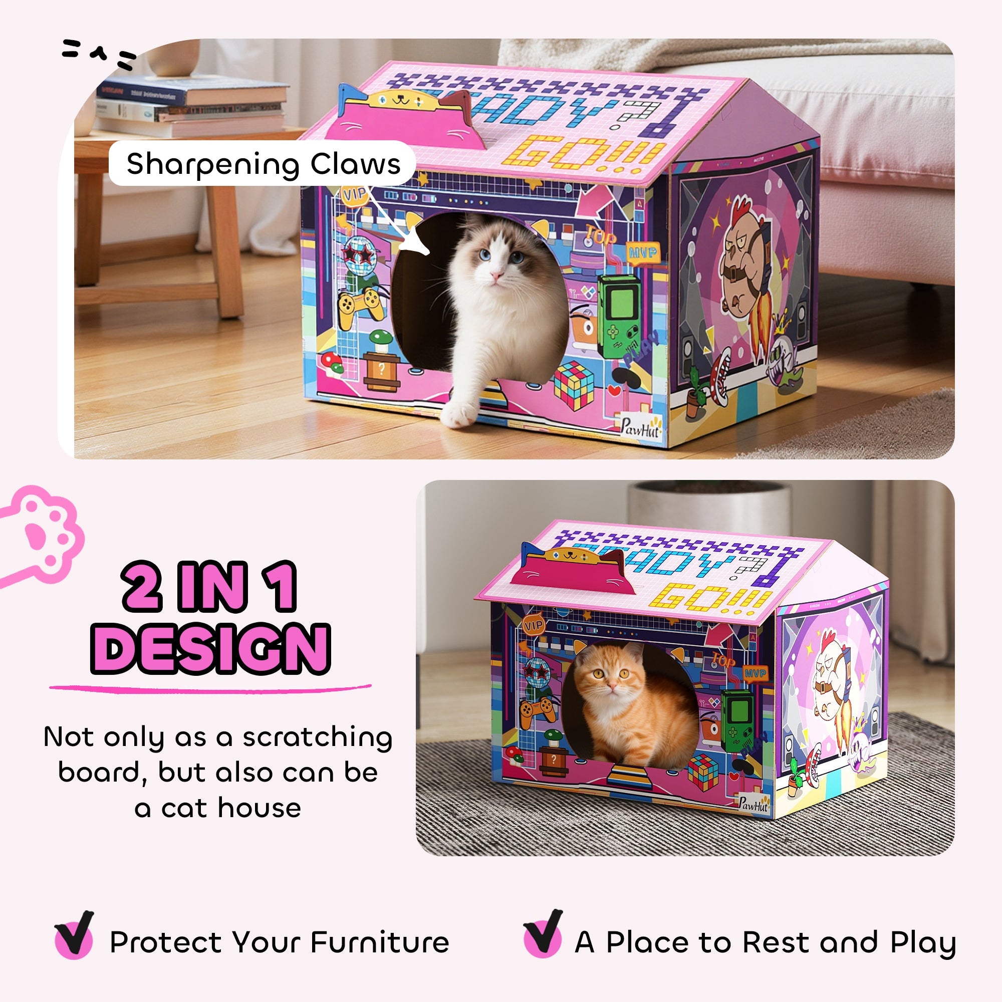 PawHut 2 in 1 Gaming Style Cardboard Cat House with Scratching Board & Catnip for Indoor Cats, Pink