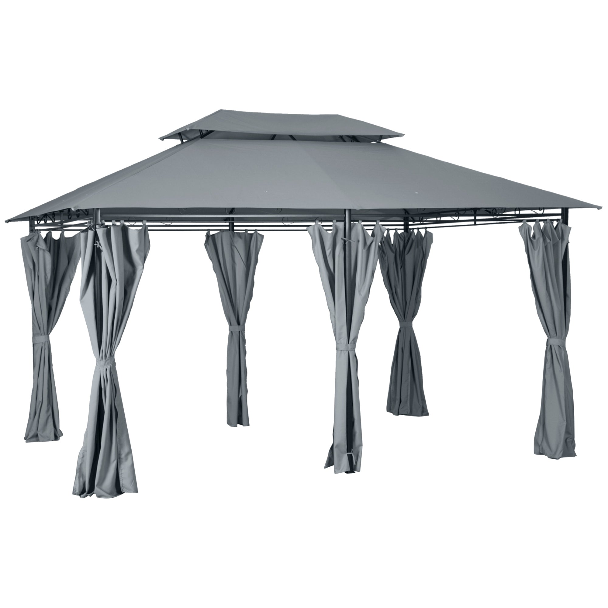 Outsunny 4m x 3(m)Garden Gazebo, Double Roof Outdoor Gazebo Canopy Shelter with Curtains, Solid Steel Frame for Lawn and Deck, Grey