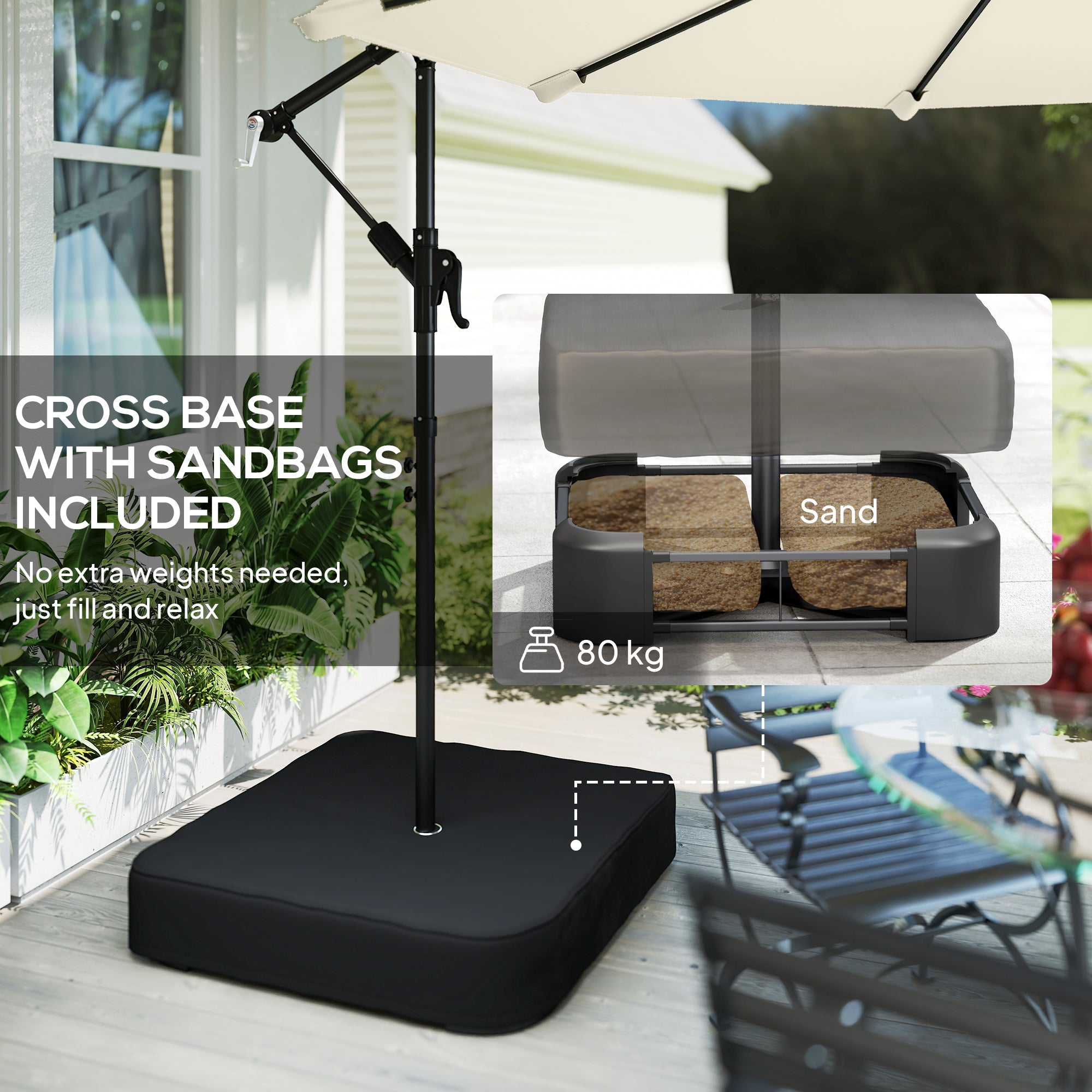 Outsunny 3 m Garden Cantilever Parasol with Cross Base, Sandbag, 360Â° Rotating Overhanging Banana Umbrella, Cream White