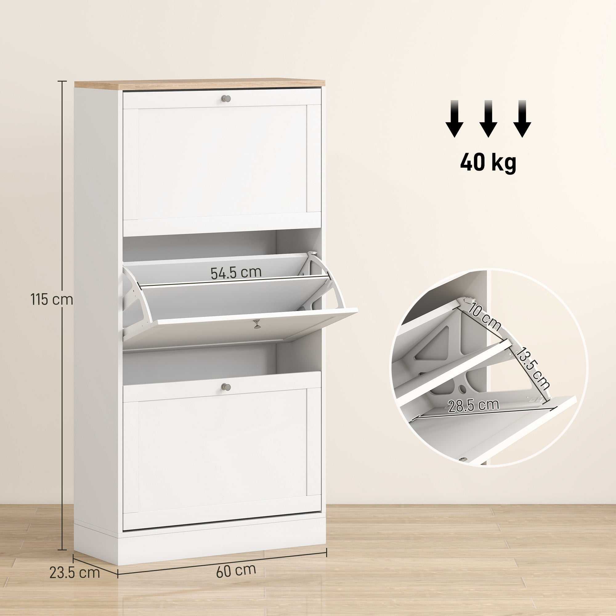 HOMCOM Modern Compact Three-Drawer Shoe Storage Cabinet - White
