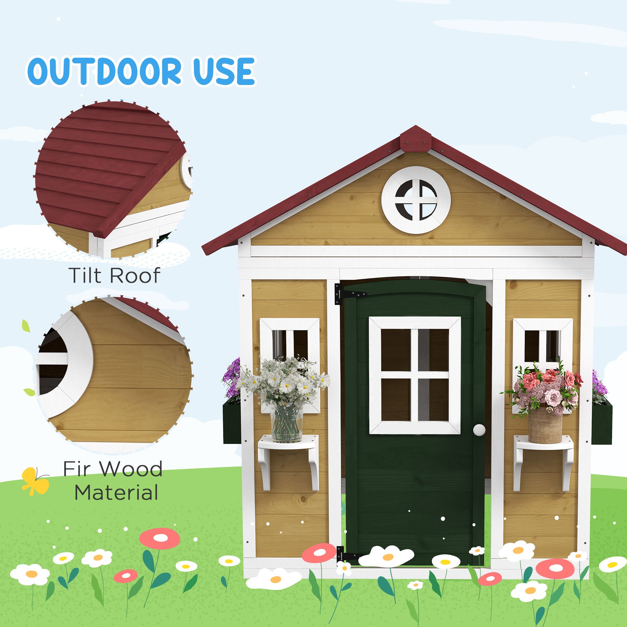 Outsunny Wooden Playhouse with Doors, Windows, Plant Pots, Boxes, for 3-8 Years - Beige