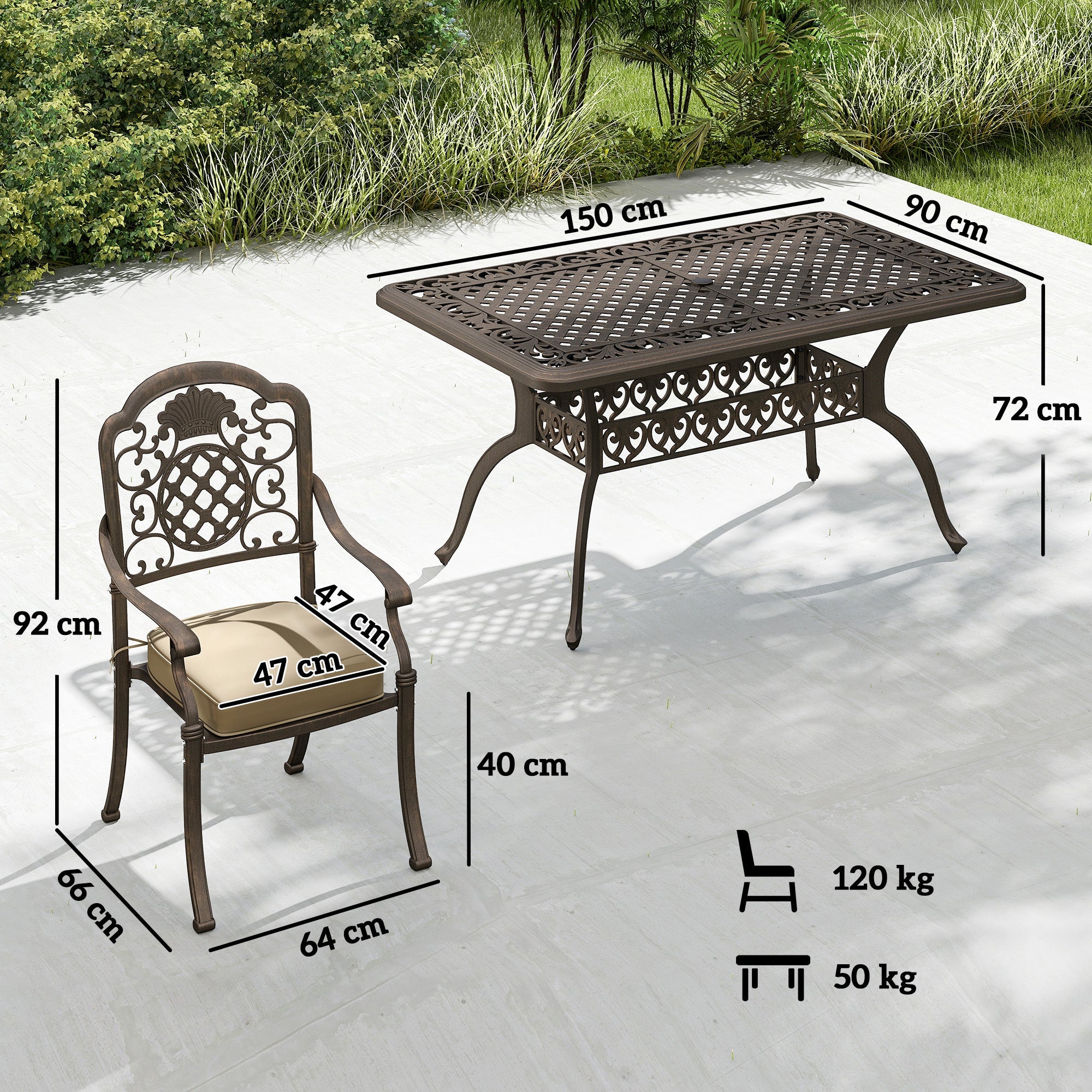 Outsunny Garden Dining Set for 6, Cast Aluminium Outdoor Table and Chairs Set with Cushions, Parasol Hole for Patio, Bronze Tone