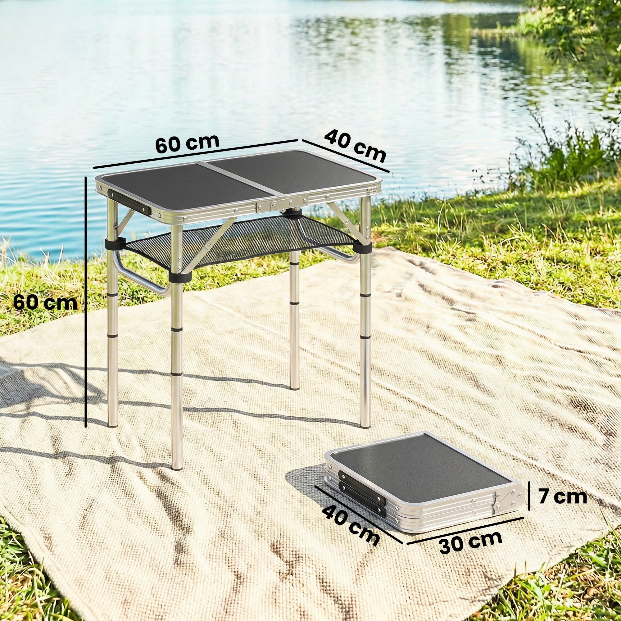 Outsunny 2ft Folding Camping Table, Picnic Table with Mesh Storage Layer, 4 Adjustable Heights and Carrying Handle, Black